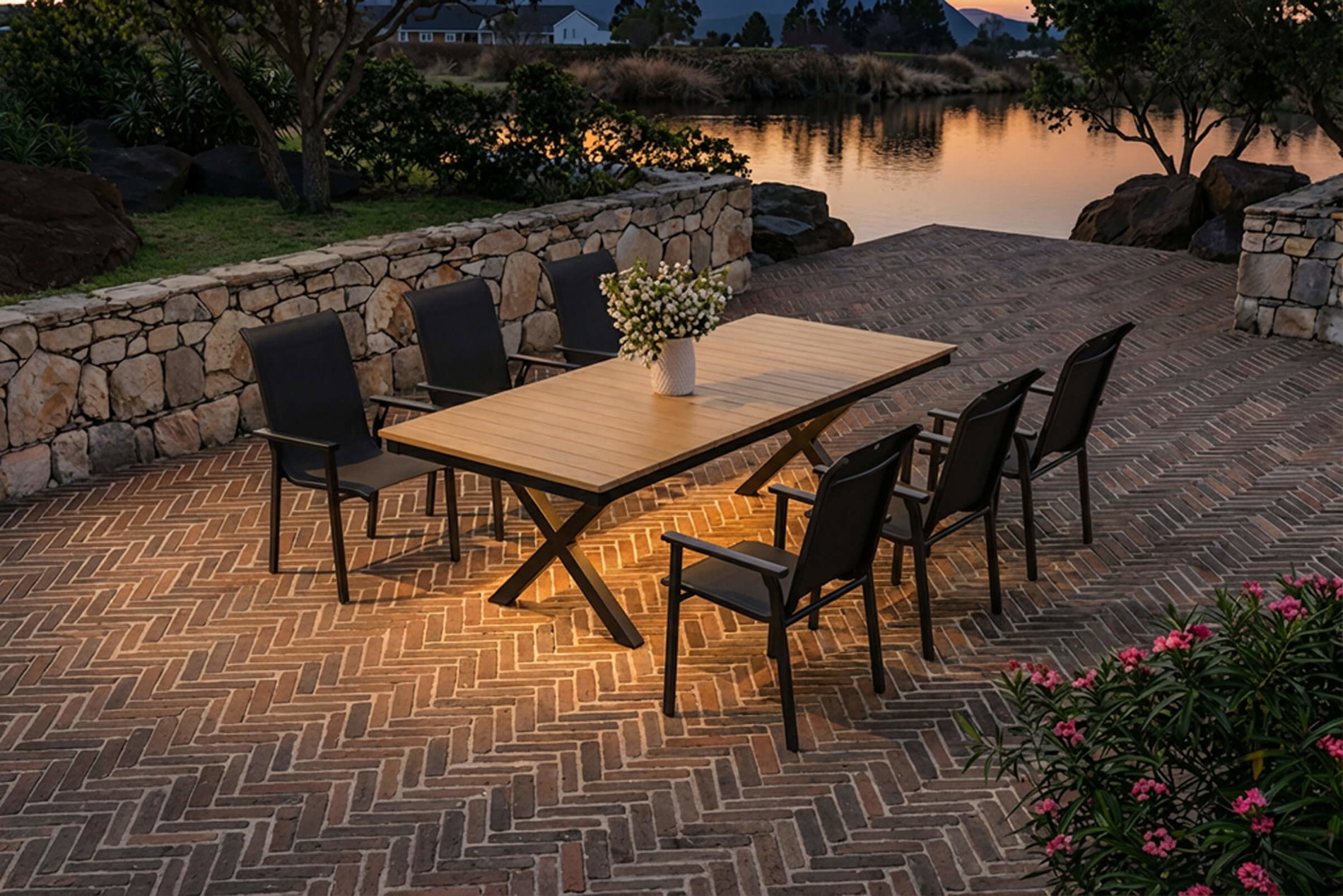 Kettler BasicPlus Pro Set da pranzo da giardino con illuminazione LED, antracite/naturale, alluminio/effetto legno, 240 x 100 cm, 6 sedie impilabili Kettler BasicPlus Pro Set da pranzo da giardino con illuminazione LED, antracite/naturale, alluminio/effetto legno, 240 x 100 cm, 6 sedie impilabili
