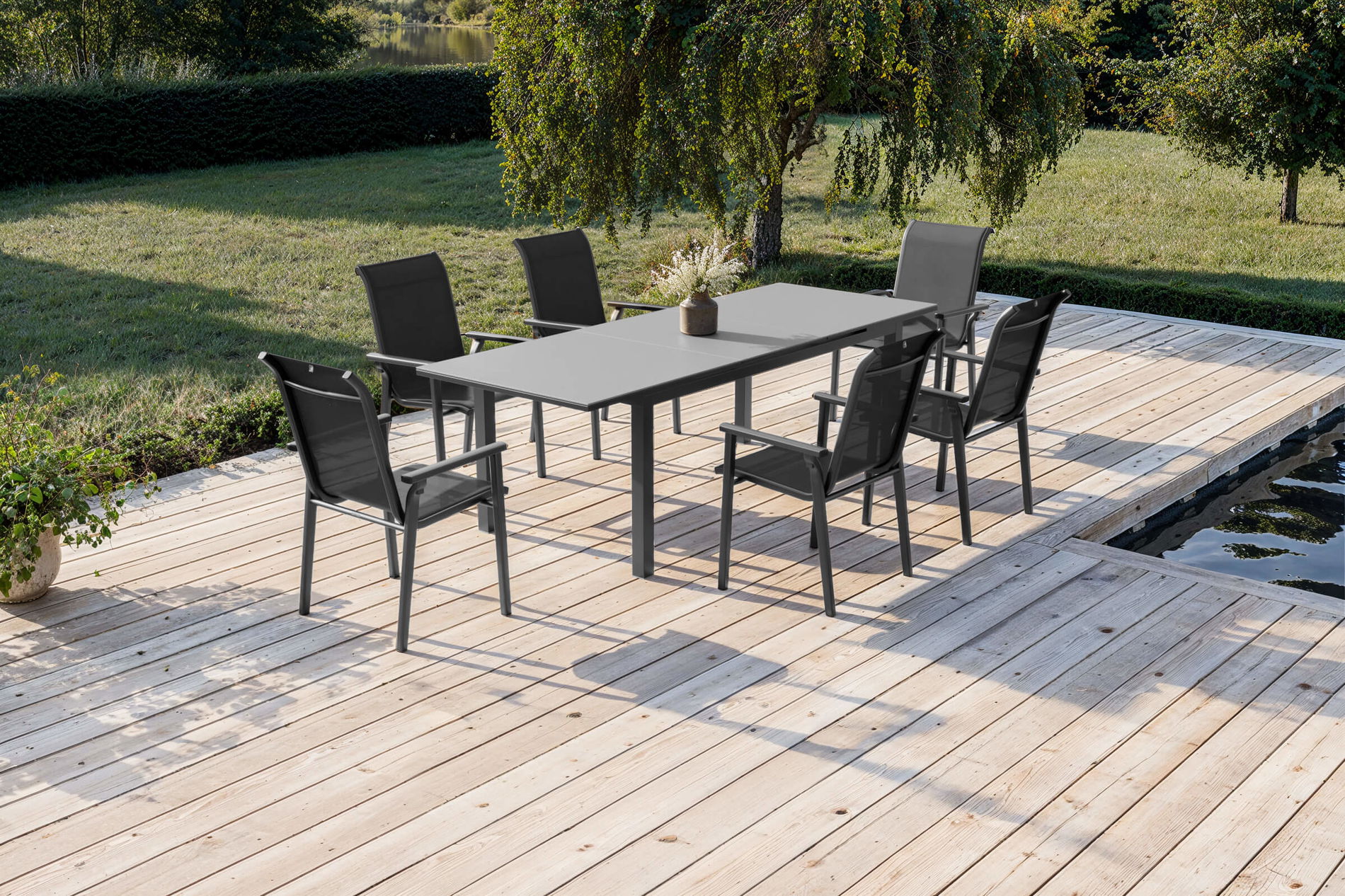 KETTLER Modello esclusivo BasicPlus 2026 Set da pranzo da giardino, antracite, Alu/Textilene, tavolo 180/240 x 90 cm, 6 sedie impilabili