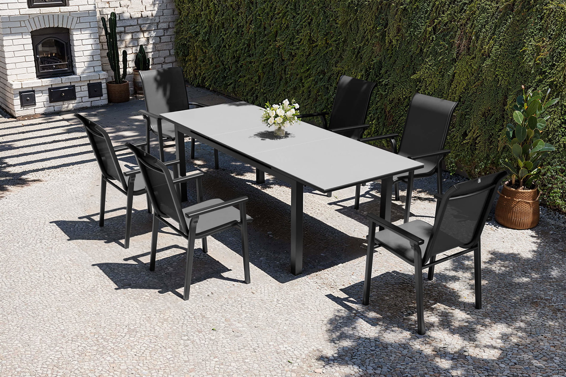 KETTLER Modello esclusivo BasicPlus 2026 Set da pranzo da giardino, antracite, Alu/Textilene, tavolo 180/240 x 90 cm, 6 sedie impilabili