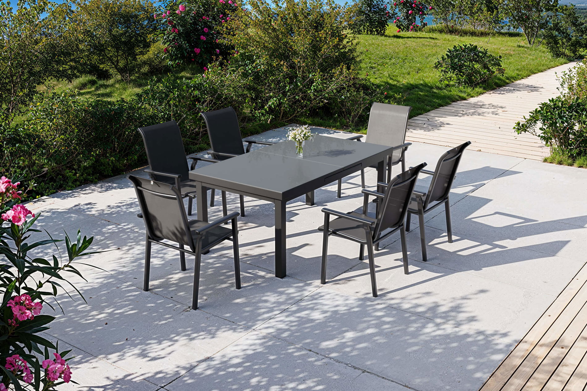 KETTLER Modello esclusivo BasicPlus 2026 Set da pranzo da giardino, antracite/grigio, alluminio/vetro/textilene, 180/240 x 100 cm, allungabile, 6 sedie impilabili