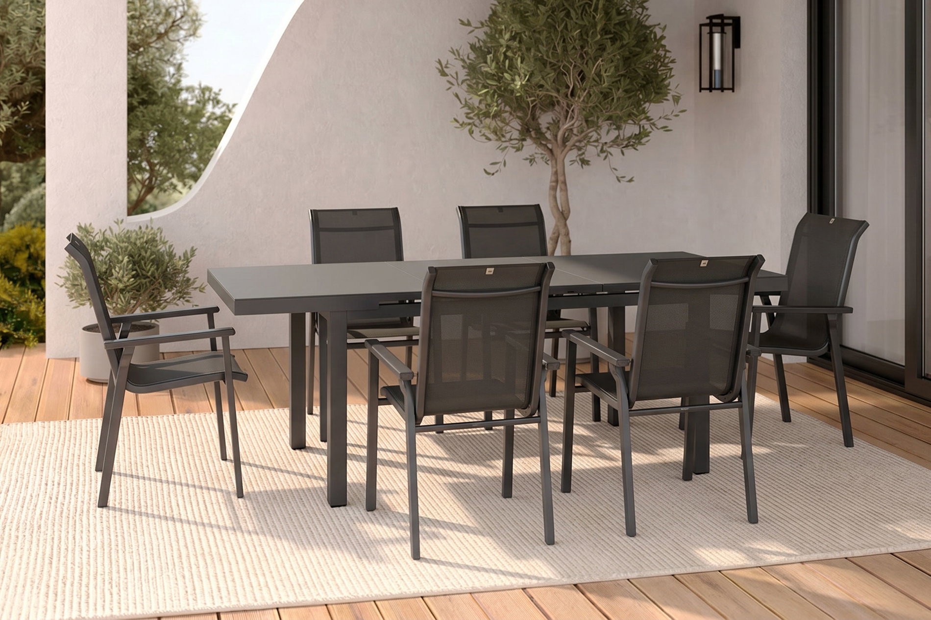 KETTLER Modello esclusivo BasicPlus 2026 Set da pranzo da giardino, antracite/grigio, alluminio/vetro/textilene, 180/240 x 100 cm, allungabile, 6 sedie impilabili