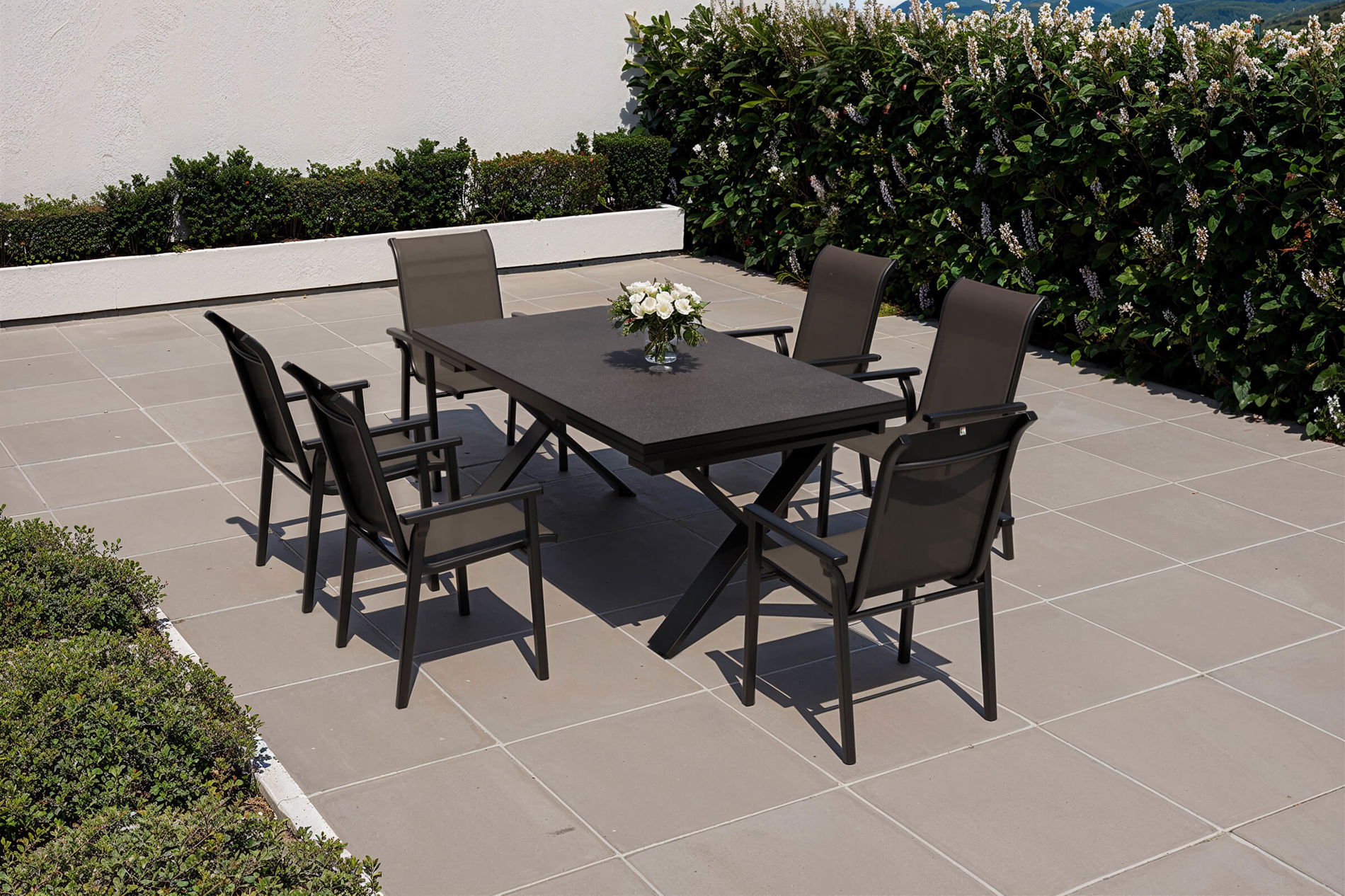 KETTLER Modello esclusivo BasicPlus 2026 Set da pranzo da giardino, antracite, Alu/Textilene/Spraystone, tavolo 180/280 x 100 cm, 6 sedie impilabili
