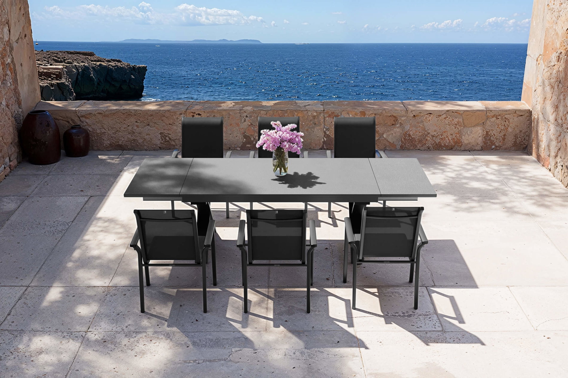 KETTLER Modello esclusivo BasicPlus 2026 Set da pranzo da giardino, antracite, Alu/Textilene/Spraystone, tavolo 180/280 x 100 cm, 6 sedie impilabili