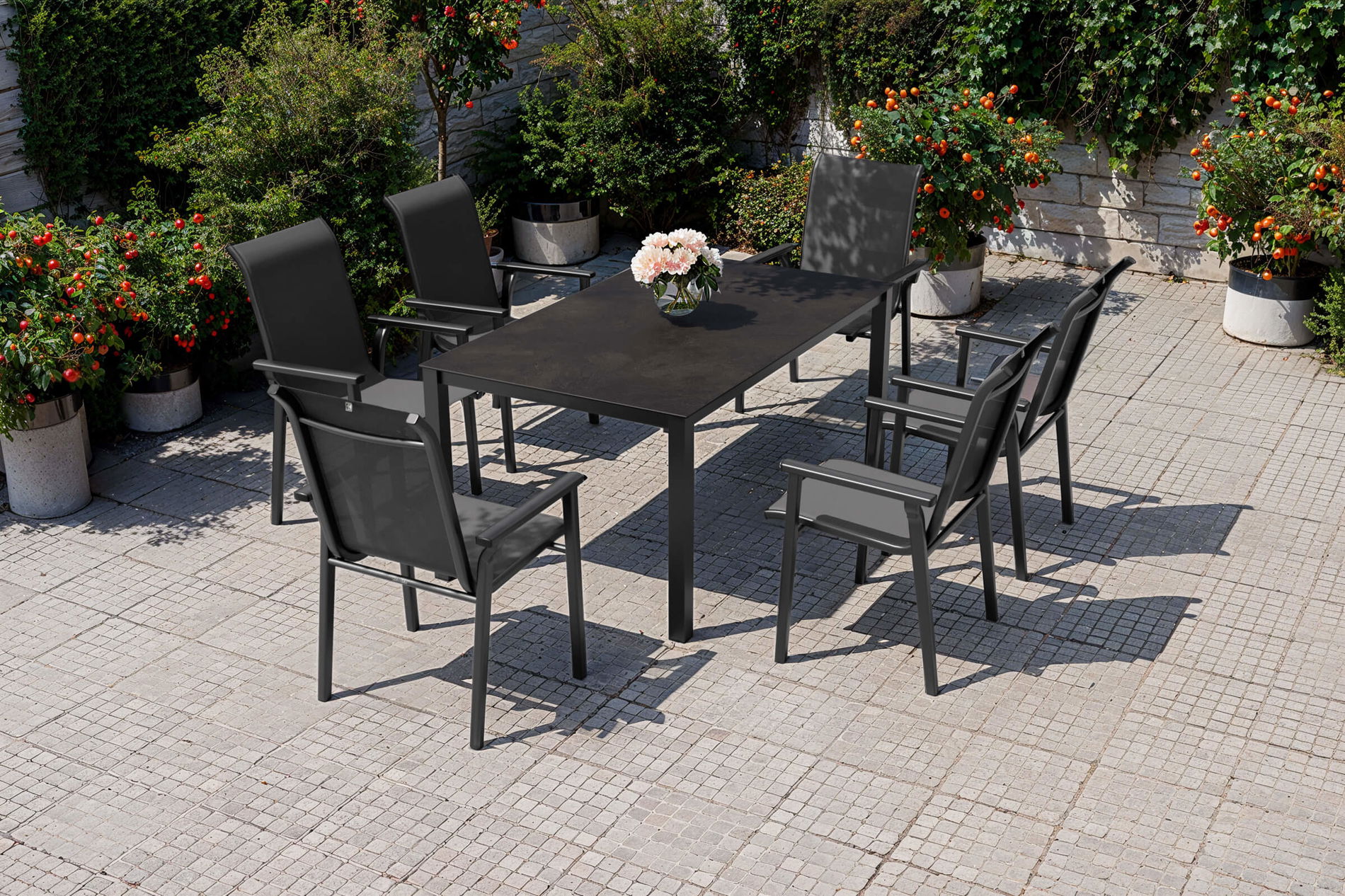 KETTLER Modello esclusivo BasicPlus 2026 Set da pranzo da giardino, antracite, Alluminio/Textilene/Vetro, tavolo 160 x 95 cm, 6 sedie impilabili