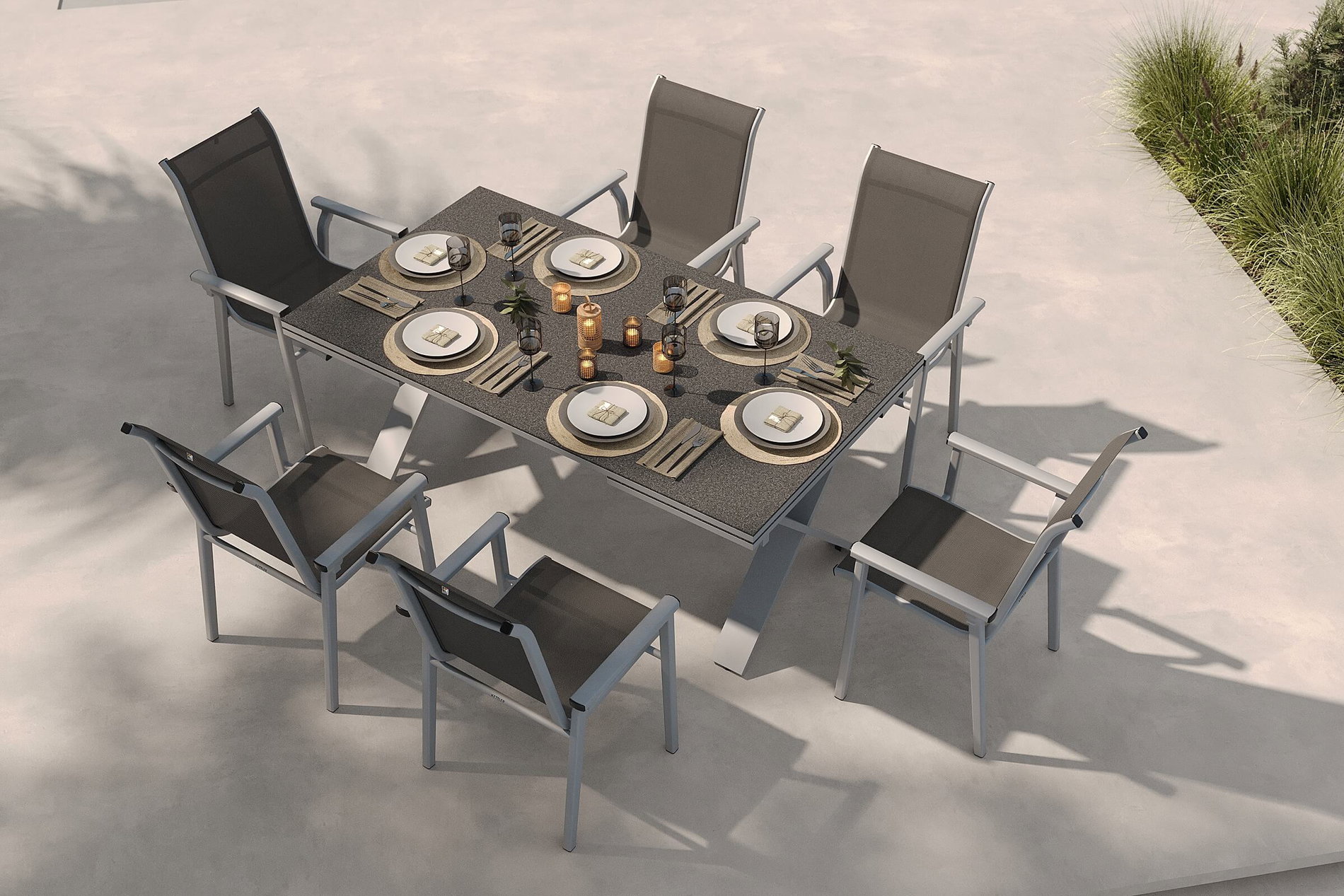 KETTLER Modello esclusivo BasicPlus 2026 Set da pranzo da giardino, argento/antracite, Alu/Textilene, tavolo allungabile 180/280 x 100 cm, 6 poltrone impilabili