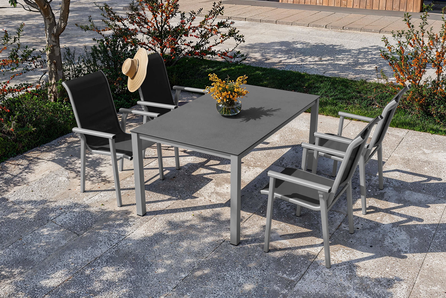 Set da pranzo da giardino Kettler BasicPlus Pro, argento/antracite, Alu/Textilene, tavolo da pranzo 160 x 95 cm, 4 sedie impilabili Set da pranzo da giardino Kettler BasicPlus Pro, argento/antracite, Alu/Textilene, tavolo da pranzo 160 x 95 cm, 4 sedie impilabili