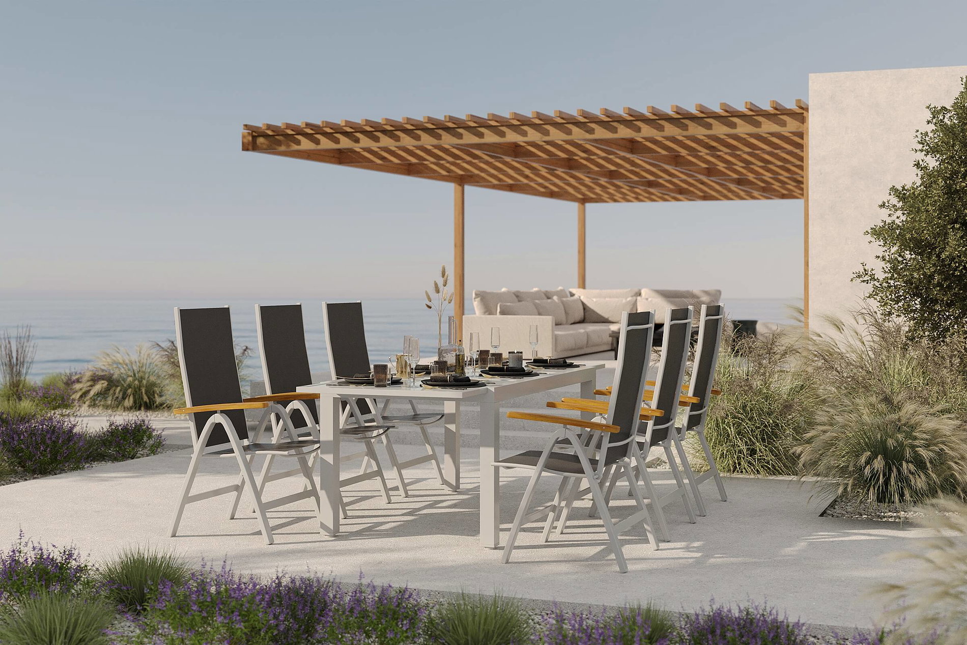 Villana Sylvania Set da pranzo da giardino con 6 sedie pieghevoli, argento/antracite, Alluminio/Vetro, incl. braccioli in eucalipto, tavolo allungabile 160/220 x 90 cm, prodotto certificato FSC® Villana Sylvania Set da pranzo da giardino con 6 sedie pieghevoli, argento/antracite, Alluminio/Vetro, incl. braccioli in eucalipto, tavolo allungabile 160/220 x 90 cm, prodotto certificato FSC®