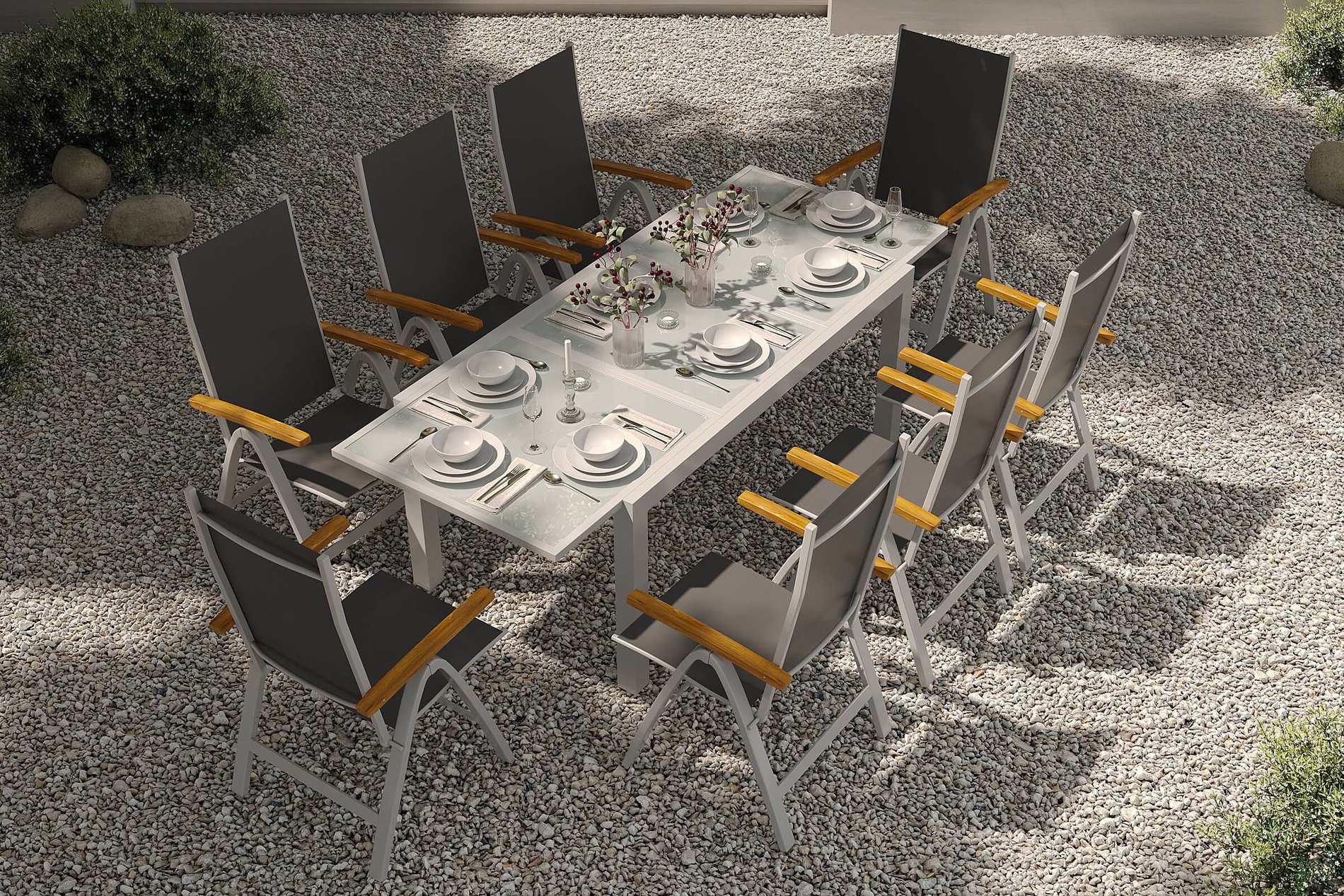 Set da pranzo da giardino Villana, argento/antracite, alluminio/eucalipto, tavolo allungabile 160/220 x 90 cm, incluse 8 sedie pieghevoli, prodotto certificato FSC® Set da pranzo da giardino Villana, argento/antracite, alluminio/eucalipto, tavolo allungabile 160/220 x 90 cm, incluse 8 sedie pieghevoli, prodotto certificato FSC®