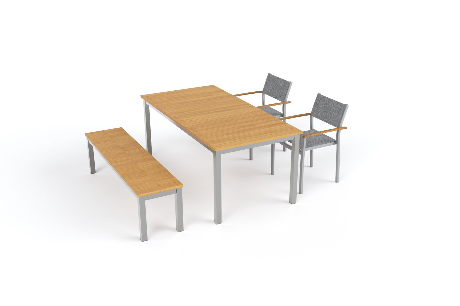 Set da pranzo da giardino VILLANA Tasmania con panchina e 2 sedie impilabili, argento/naturale, alluminio/textilene, tavolo 180 x 90 cm, braccioli in eucalipto, prodotto certificato FSC®