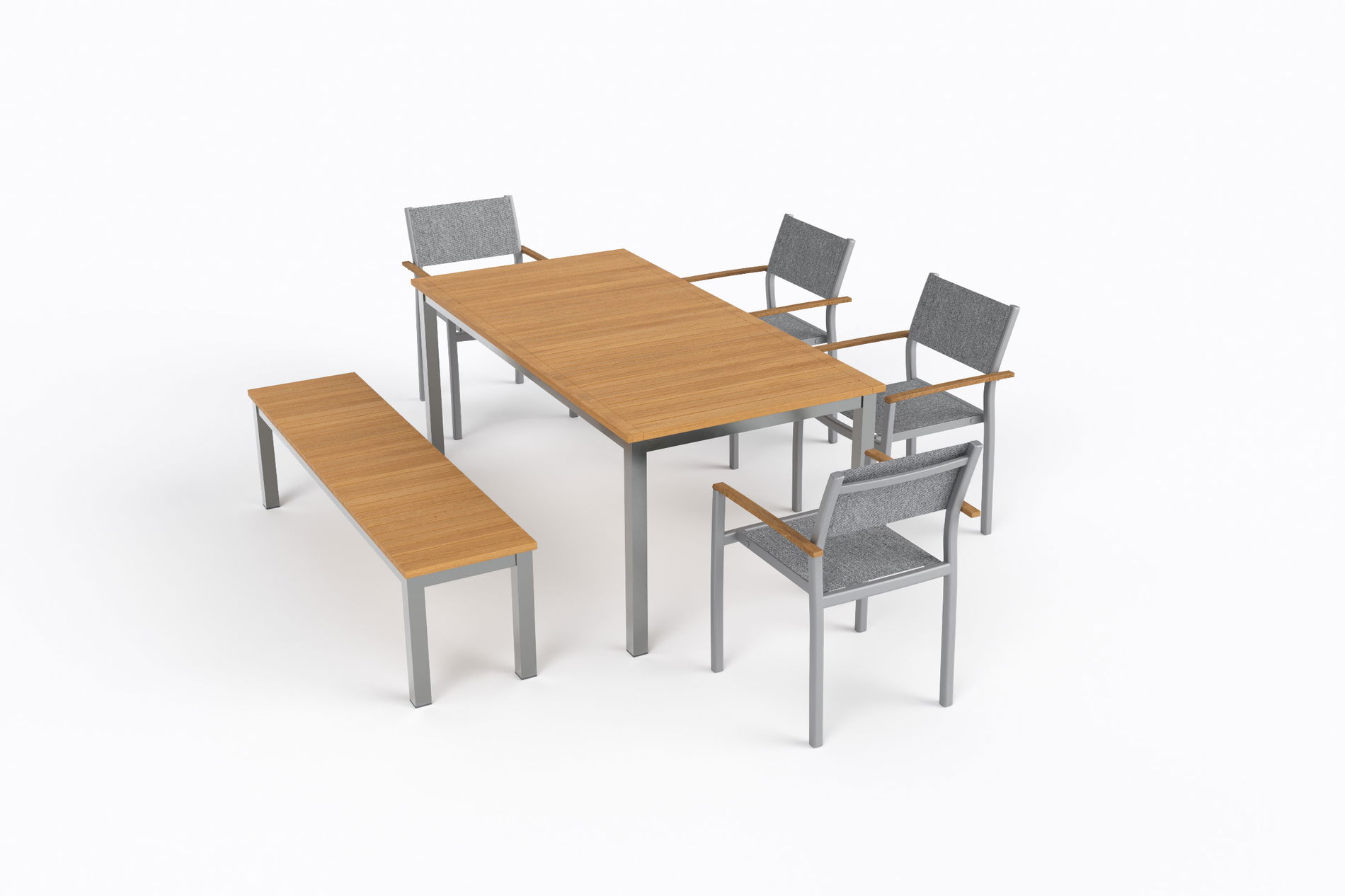 Set da pranzo da giardino VILLANA Tasmania con panchina e 4 sedie impilabili, argento/naturale, alluminio/textilene, tavolo 180 x 90 cm, braccioli in eucalipto, prodotto certificato FSC®