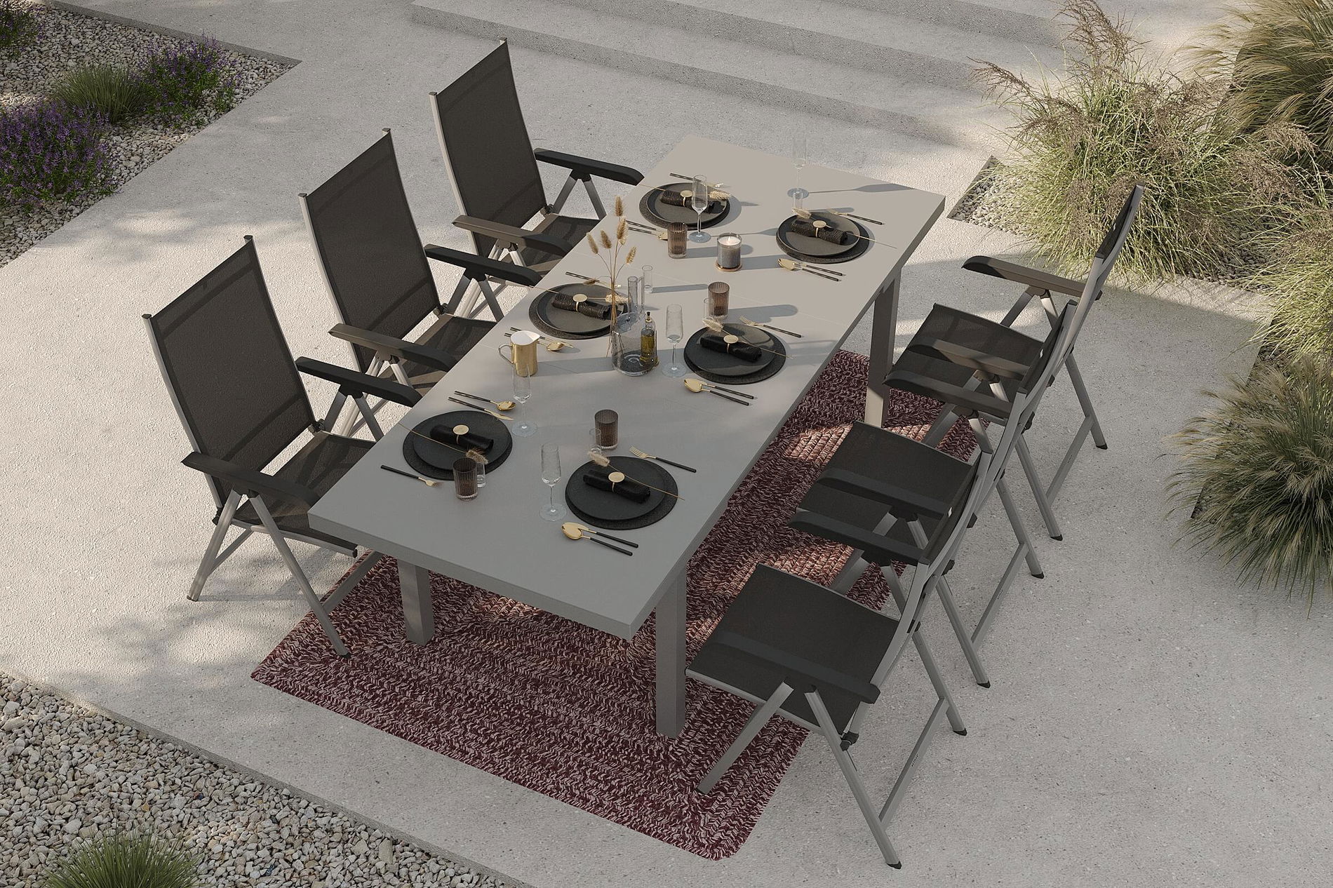 Set da pranzo da giardino KETTLER con 6 sedie pieghevoli e tappeto da esterno, argento/antracite/bianco andorra, alluminio/textilene, tavolo allungabile 180/240 x 100 cm