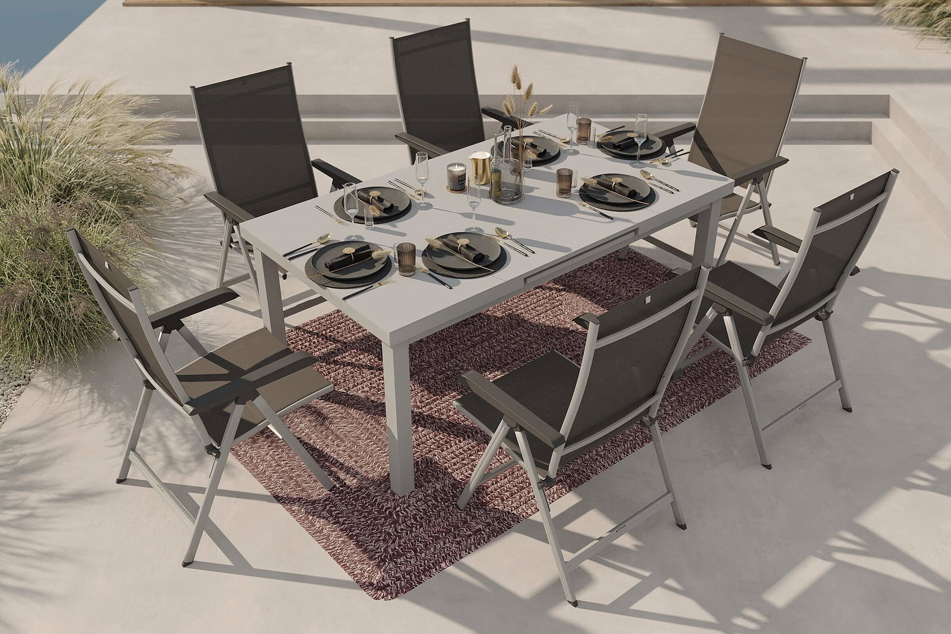 Set da pranzo da giardino KETTLER con 6 sedie pieghevoli e tappeto da esterno, argento/antracite/bianco andorra, alluminio/textilene, tavolo allungabile 180/240 x 100 cm Set da pranzo da giardino KETTLER con 6 sedie pieghevoli e tappeto da esterno, argento/antracite/bianco andorra, alluminio/textilene, tavolo allungabile 180/240 x 100 cm