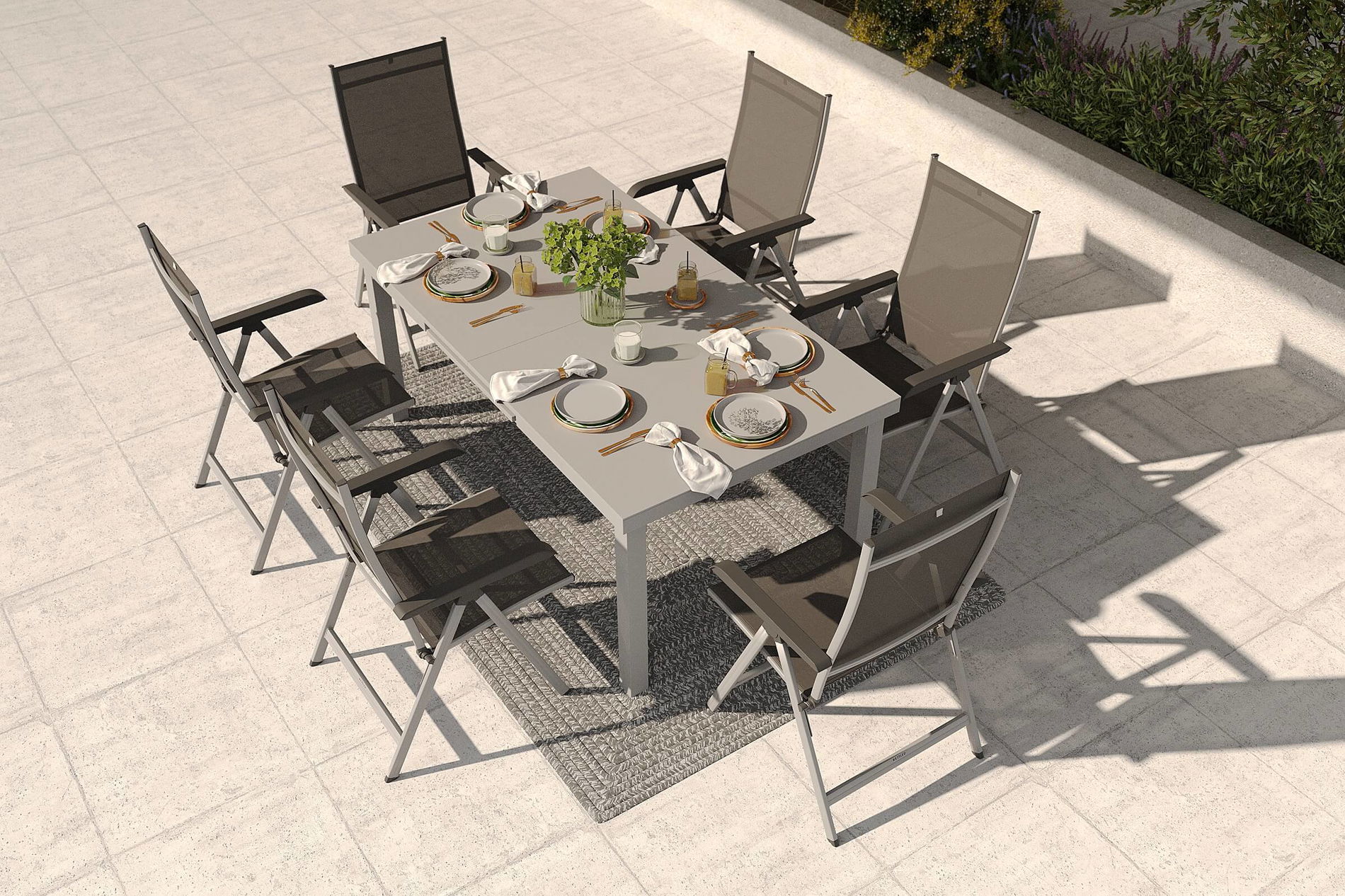 Gruppo da pranzo da giardino KETTLER con 6 sedie pieghevoli e tappeto outdoor, argento/antracite/alluminio-bianco, Alu/Textilene/filato PET, tavolo allungabile 180/240 x 100 cm