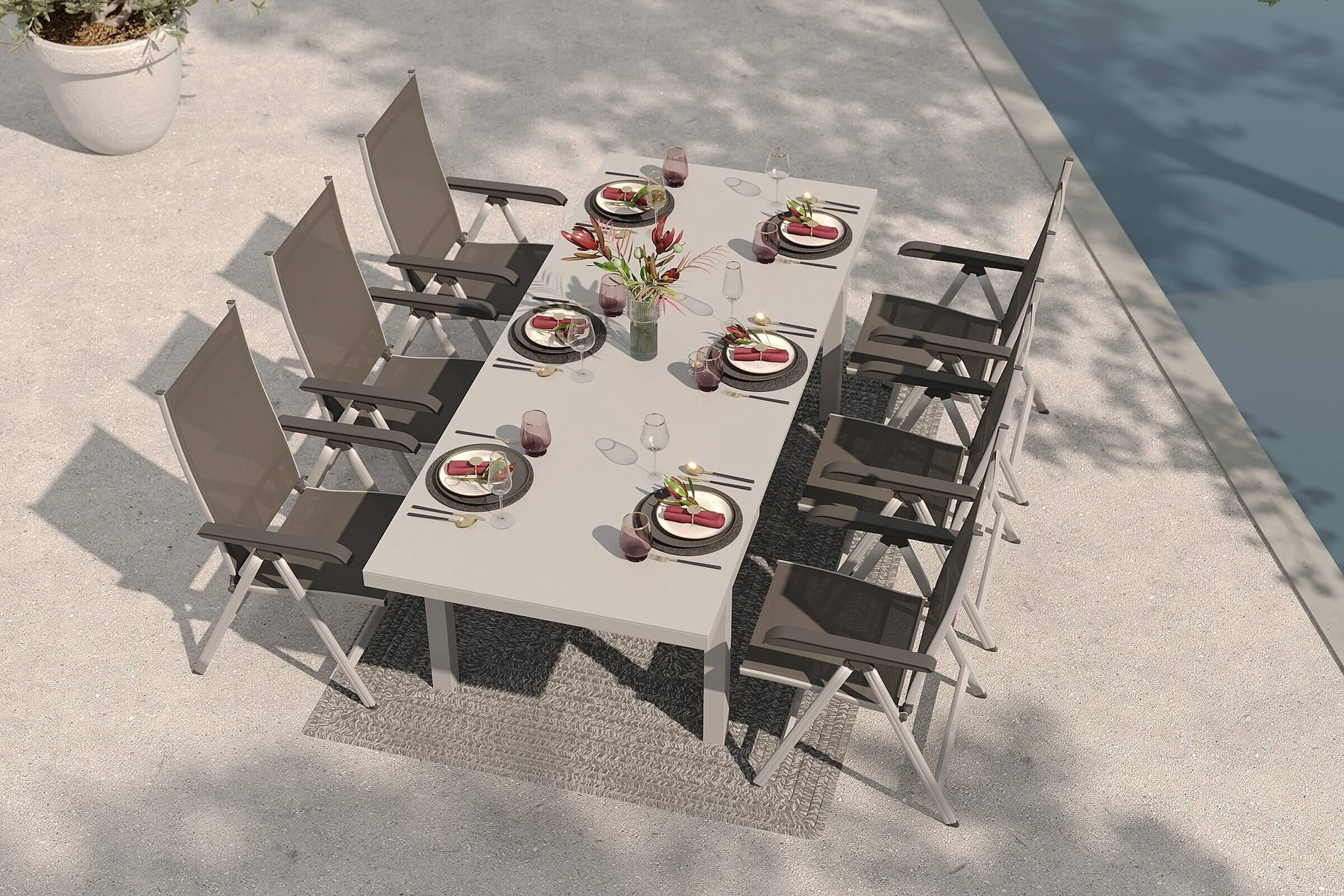 Gruppo da pranzo da giardino KETTLER con 6 sedie pieghevoli e tappeto outdoor, argento/antracite/alluminio-bianco, Alu/Textilene/filato PET, tavolo allungabile 180/240 x 100 cm Gruppo da pranzo da giardino KETTLER con 6 sedie pieghevoli e tappeto outdoor, argento/antracite/alluminio-bianco, Alu/Textilene/filato PET, tavolo allungabile 180/240 x 100 cm
