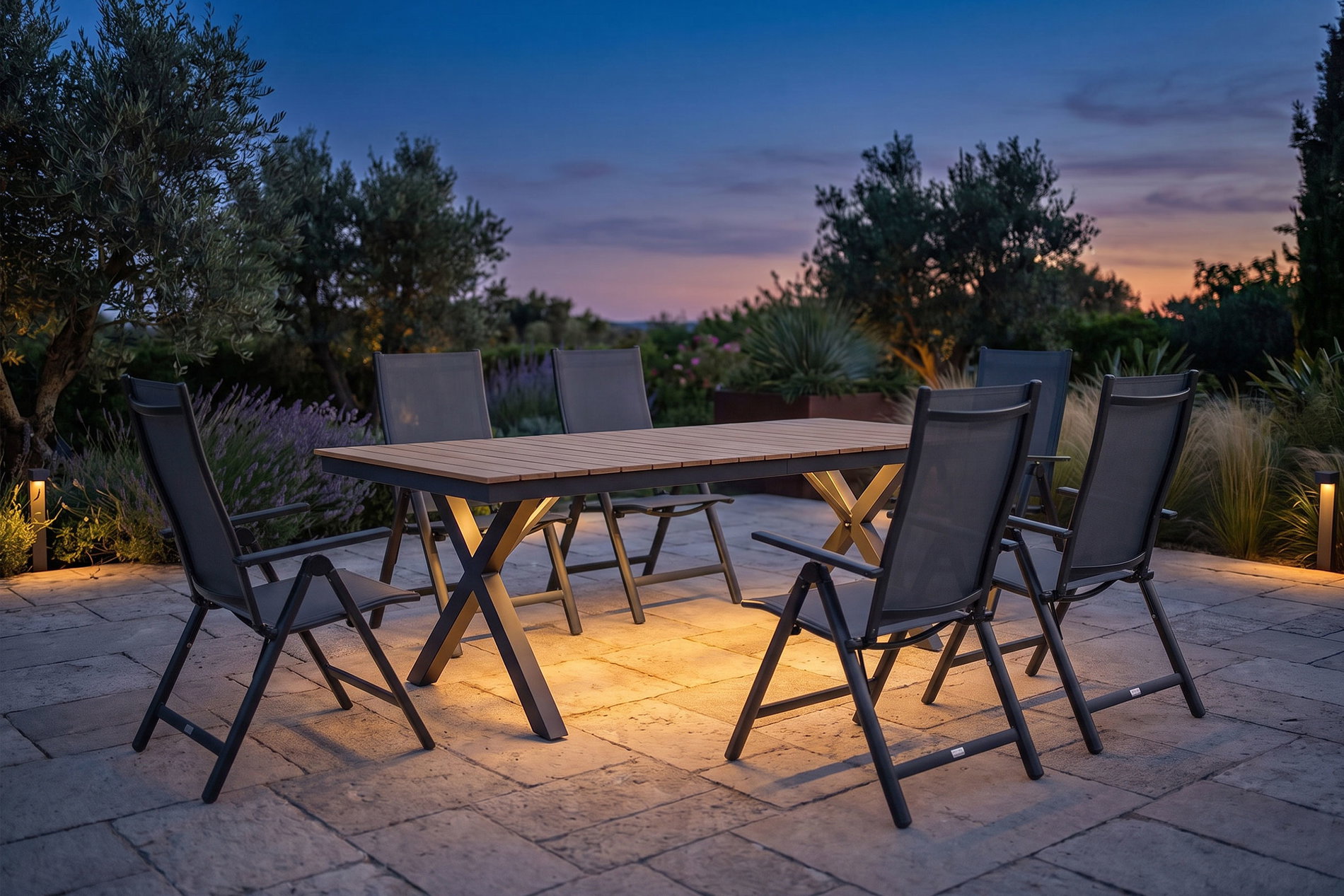 OUTFLEXX Luminara Set da pranzo da giardino, antracite opaco/naturale, alluminio / imitazione legno, 240 x 100 cm, 6 sedie pieghevoli, piano del tavolo con illuminazione LED