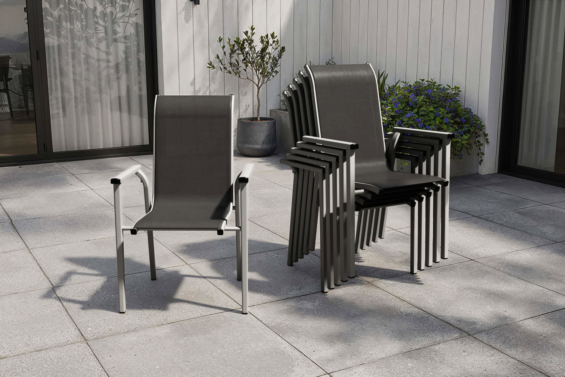 Sedia impilabile Kettler BasicPlus Pro Set da 6, argento/antracite, alluminio/textilene, 70 x 65 x 99 cm, impilabile Sedia impilabile Kettler BasicPlus Pro Set da 6, argento/antracite, alluminio/textilene, 70 x 65 x 99 cm, impilabile
