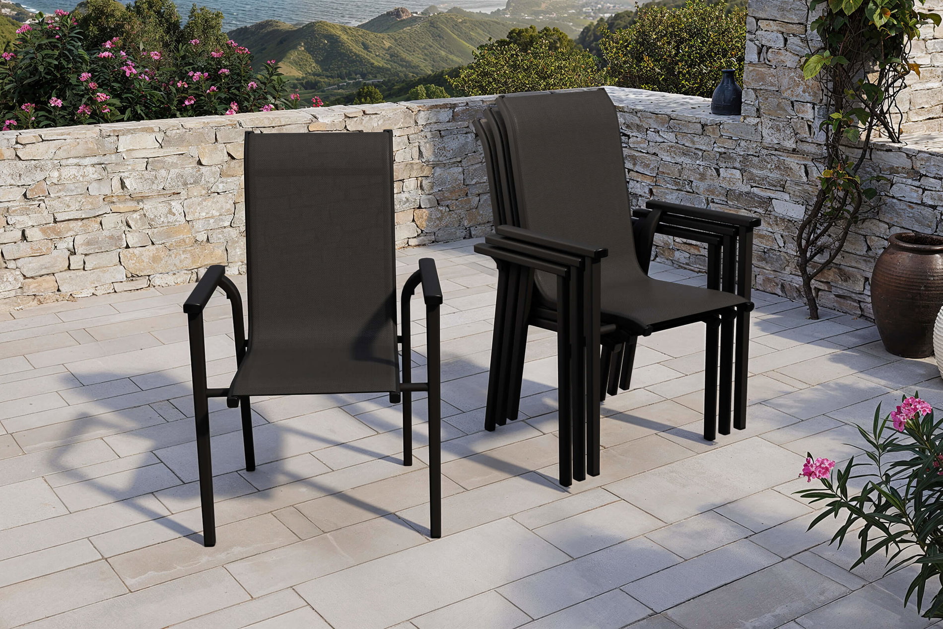 KETTLER BasicPlus Pro Stapelsessel 4er-Set, anthrazit, Aluminium Textilene, 70 x 65 x 99 cm, stapelbar