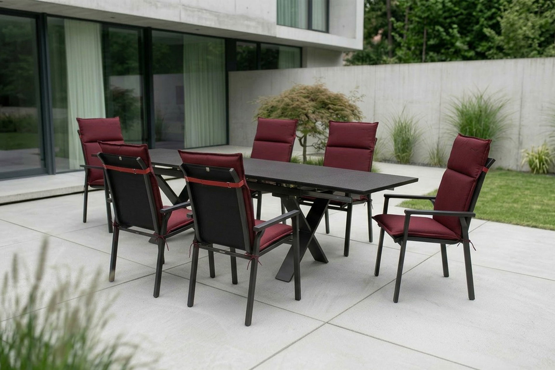 KETTLER BasicPlus Pro Garten-Essgruppe, anthrazit/bordeaux, Alu/Polyester/Spraystone, 180/280 x 100 cm, 6 Stapelsessel, Polster inklusive KETTLER BasicPlus Pro Garten-Essgruppe, anthrazit/bordeaux, Alu/Polyester/Spraystone, 180/280 x 100 cm, 6 Stapelsessel, Polster inklusive