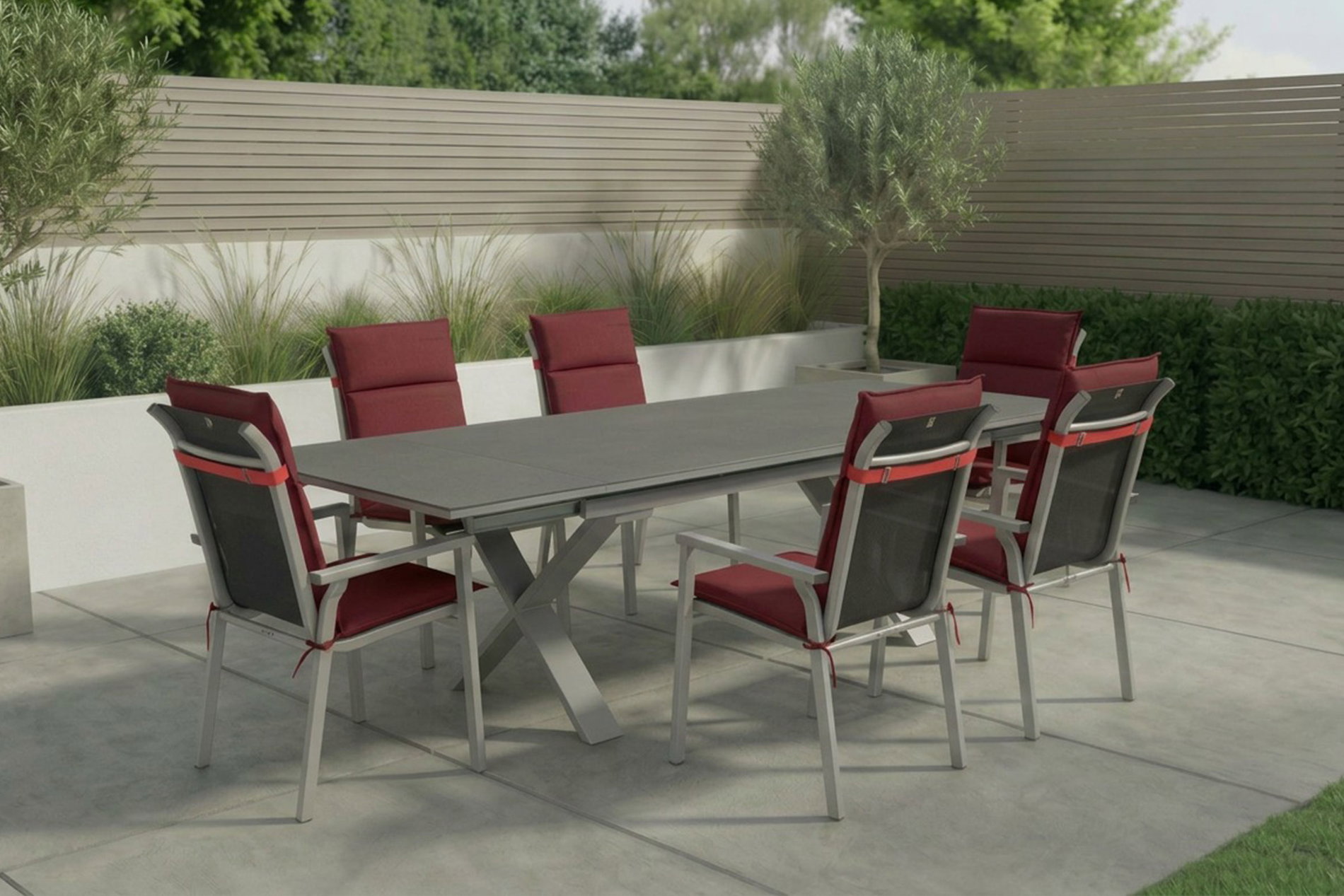 Set da pranzo da giardino Kettler BasicPlus Pro, argento/bordeaux, Alluminio/Spraystone/Poliestere, 180/280 x 100 cm, 6 sedie impilabili, cuscini inclusi Set da pranzo da giardino Kettler BasicPlus Pro, argento/bordeaux, Alluminio/Spraystone/Poliestere, 180/280 x 100 cm, 6 sedie impilabili, cuscini inclusi