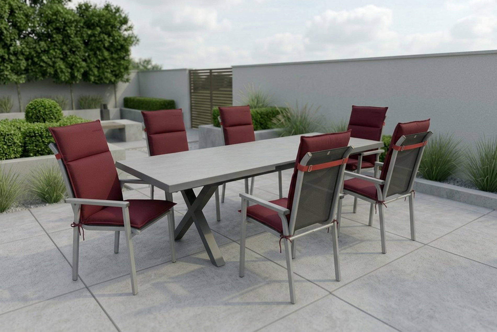 KETTLER BasicPlus Pro Garten-Essgruppe, silber/bordeaux, Alu/Steinimitat/Polyester, 200/260 x 100 cm, 6 Stapelsessel, Polster inklusive KETTLER BasicPlus Pro Garten-Essgruppe, silber/bordeaux, Alu/Steinimitat/Polyester, 200/260 x 100 cm, 6 Stapelsessel, Polster inklusive