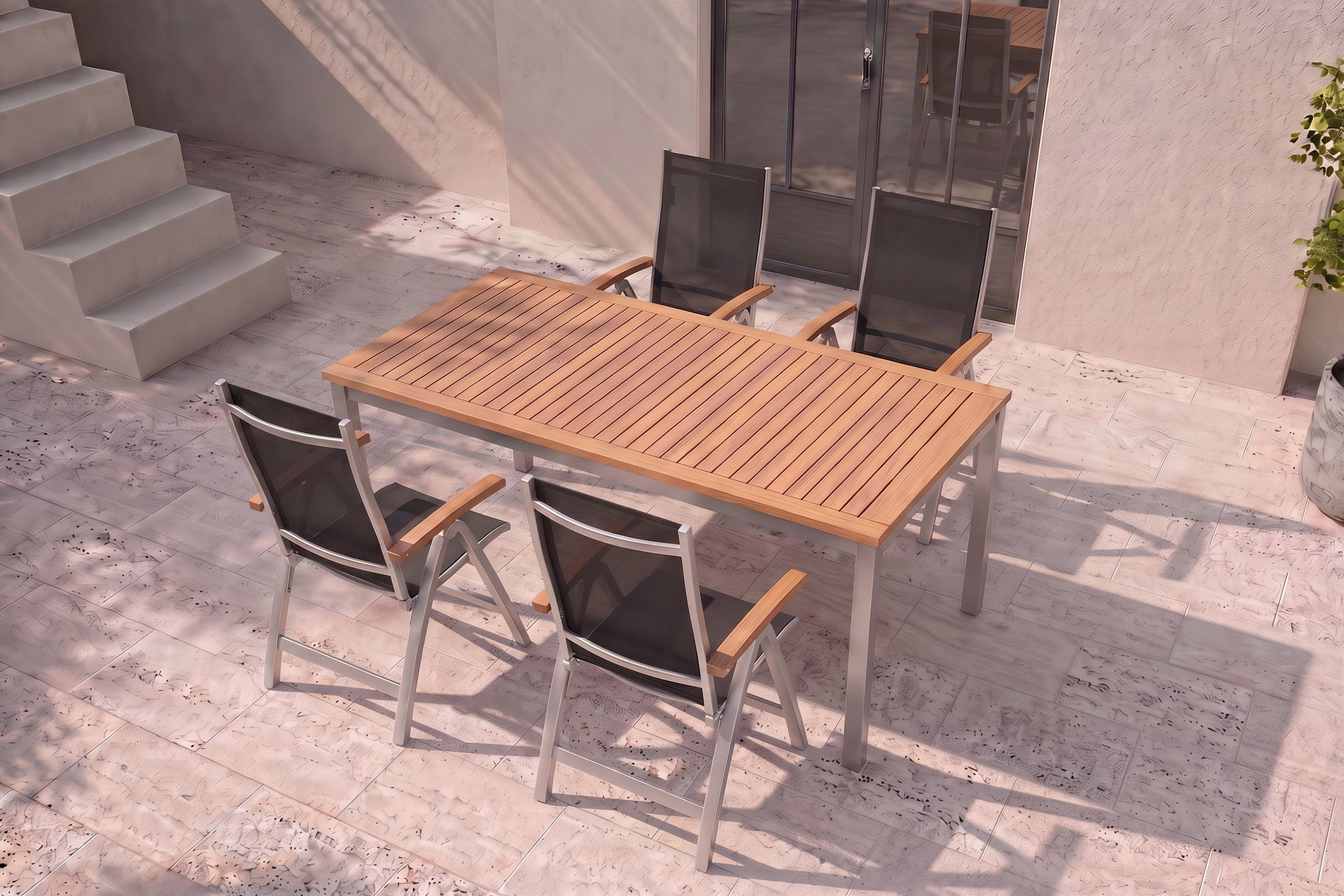 Villana Tasmania Set Sala da Pranzo da Giardino, argentato, alluminio / eucalipto / textilene, tavolo 180 x 90 cm, 4 sedie pieghevoli, prodotto certificato FSC® Villana Tasmania Set Sala da Pranzo da Giardino, argentato, alluminio / eucalipto / textilene, tavolo 180 x 90 cm, 4 sedie pieghevoli, prodotto certificato FSC®
