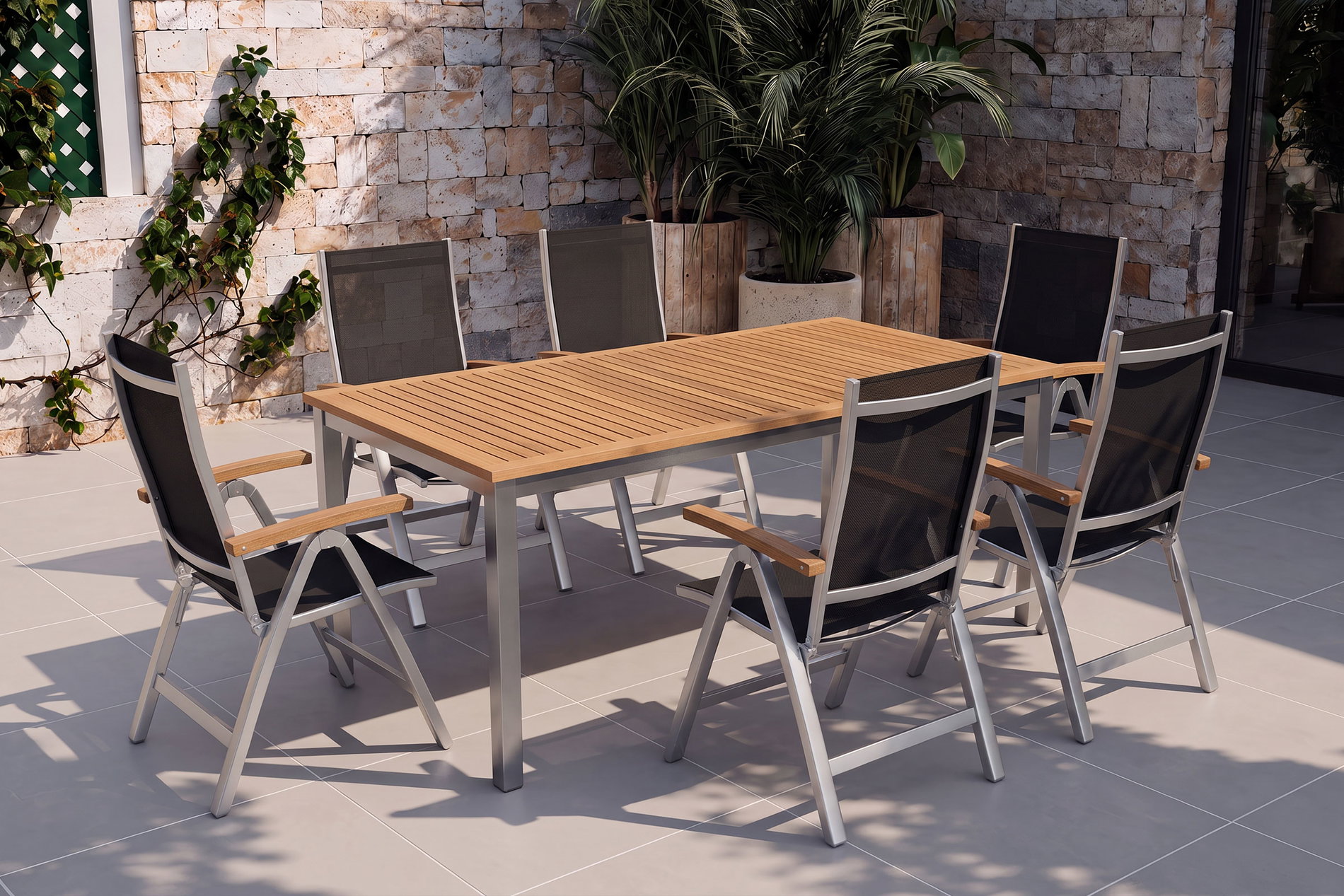 Villana Tasmania Set da pranzo da giardino con 6 sedie pieghevoli, argento, Alluminio / Eucalipto / Textilene, tavolo 180 x 90 cm, prodotto certificato FSC® Villana Tasmania Set da pranzo da giardino con 6 sedie pieghevoli, argento, Alluminio / Eucalipto / Textilene, tavolo 180 x 90 cm, prodotto certificato FSC®