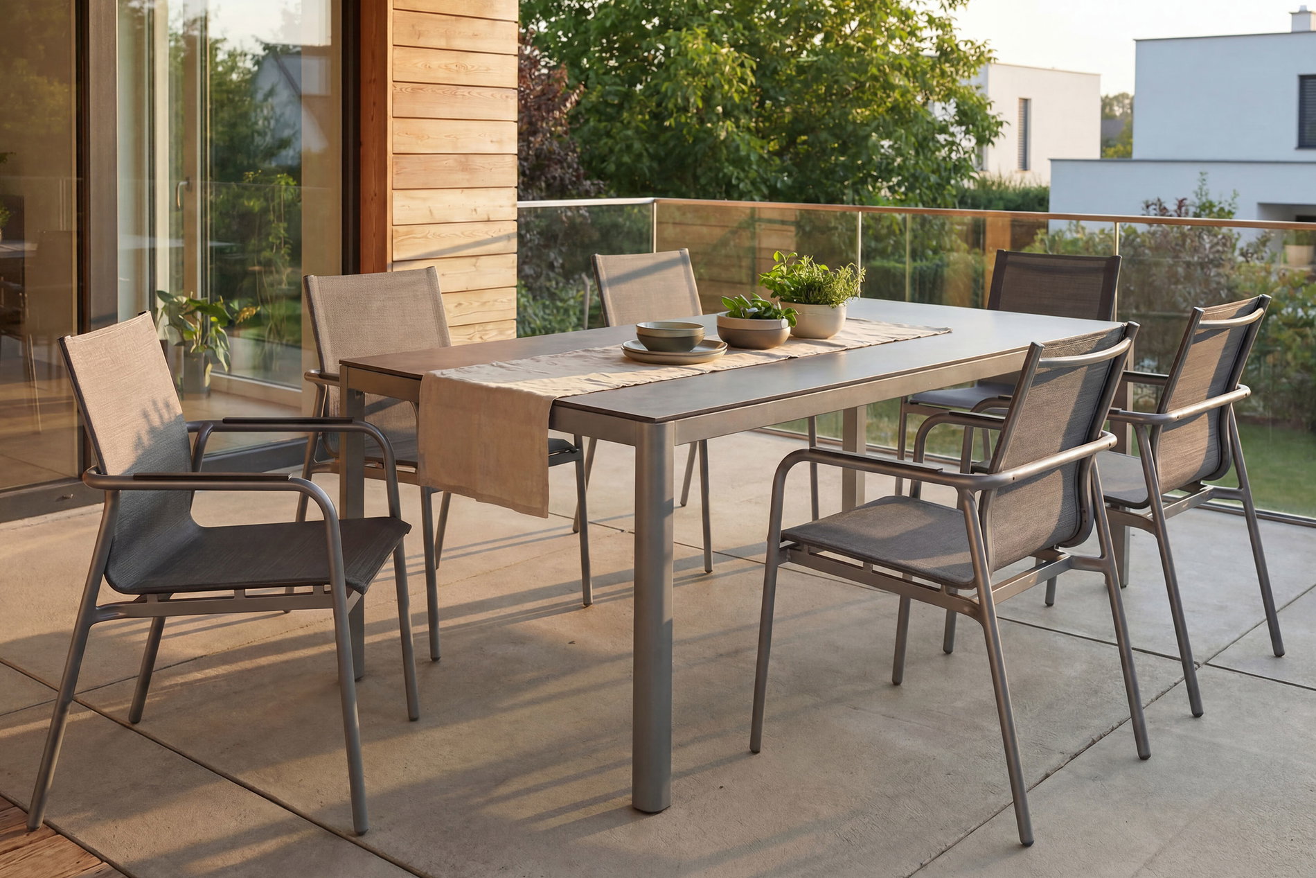 Stern Vento set pranzo da giardino 7 pezzi con 6 poltrone impilabili, grafite/grigio argento, alluminio e Textilene, tavolo 200 x 100 cm, decoro cemento