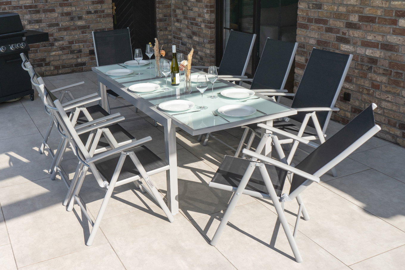 VILLANA Set da pranzo da giardino, argento/nero, Alluminio/Tessuto, tavolo 160/220 cm, 8 sedie pieghevoli 13877__1