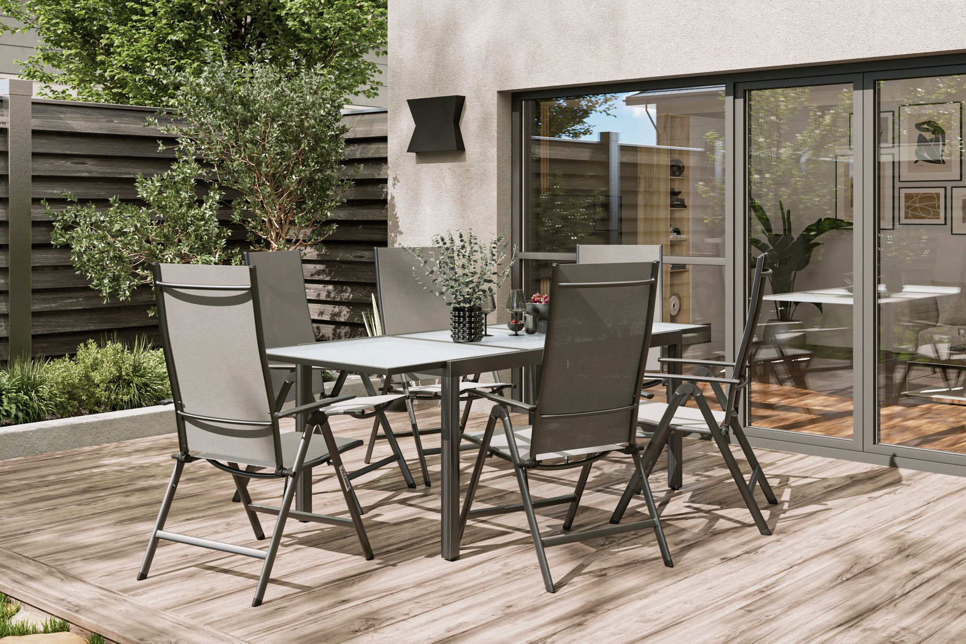 VILLANA Set da pranzo da giardino, antracite/grigio, Alu/Textilene, tavolo 160/220 cm, 6 sedie pieghevoli