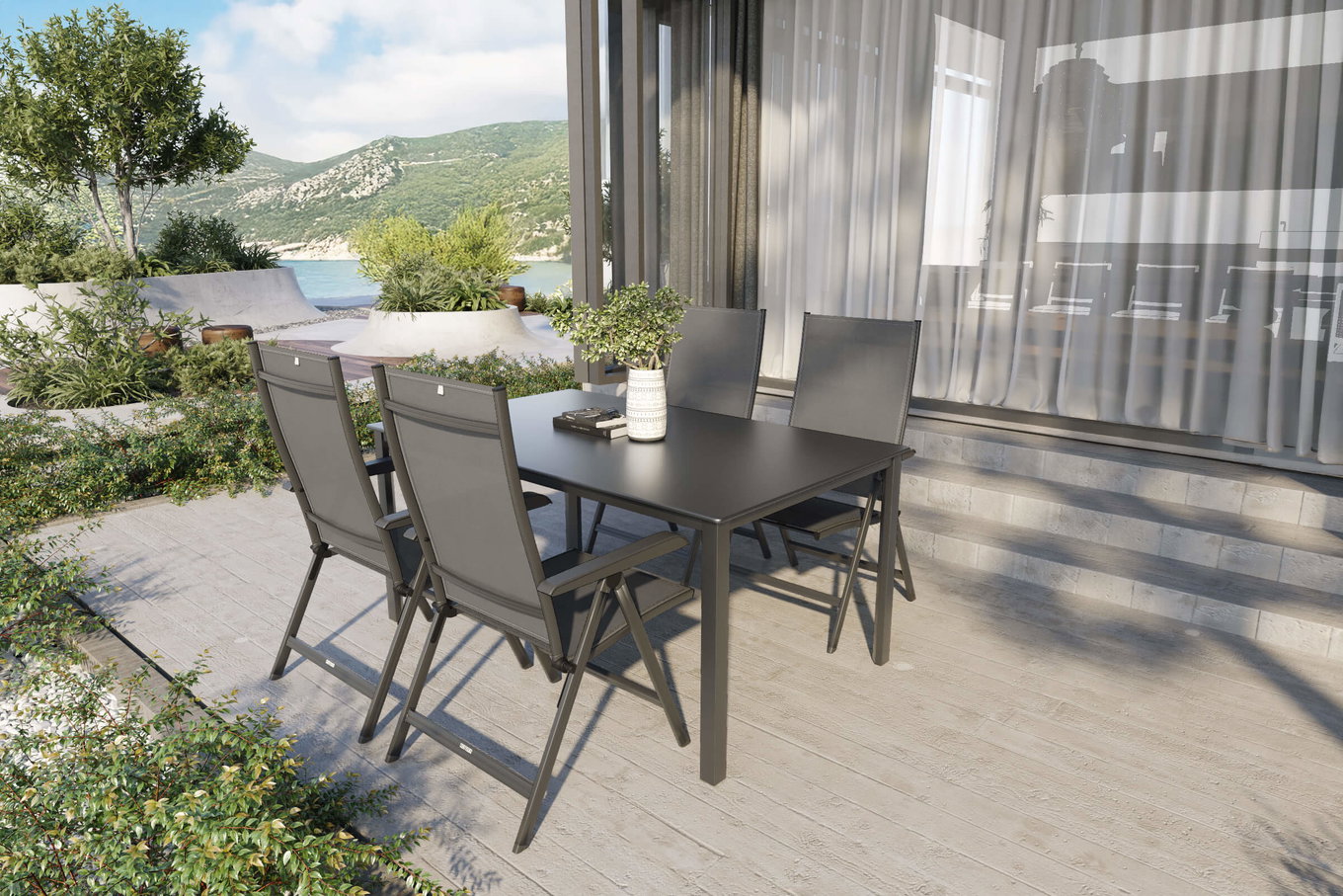 KETTLER BasicPlus Premium set pranzo giardino, antracite/liquirizia, Alu/Textilene, tavolo 160x95 cm, 4 sedie pieghevoli 31507__1