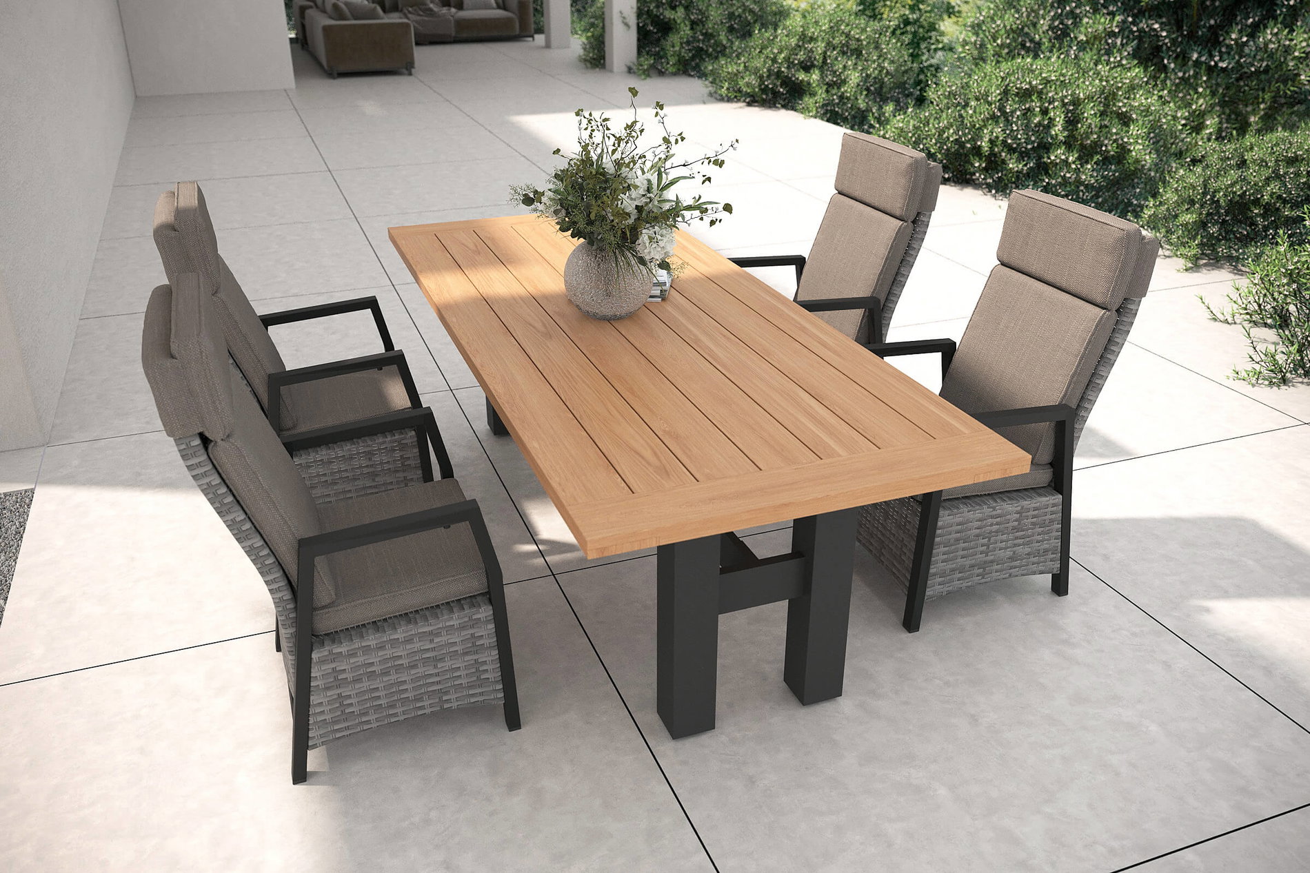 HARTMAN Nova Garten-Essgruppe mit 4 Sesseln, anthrazit/grau, Alu/Polyrattan/Teak, 240 x 100 cm Tisch, verstellbare Rückenlehne