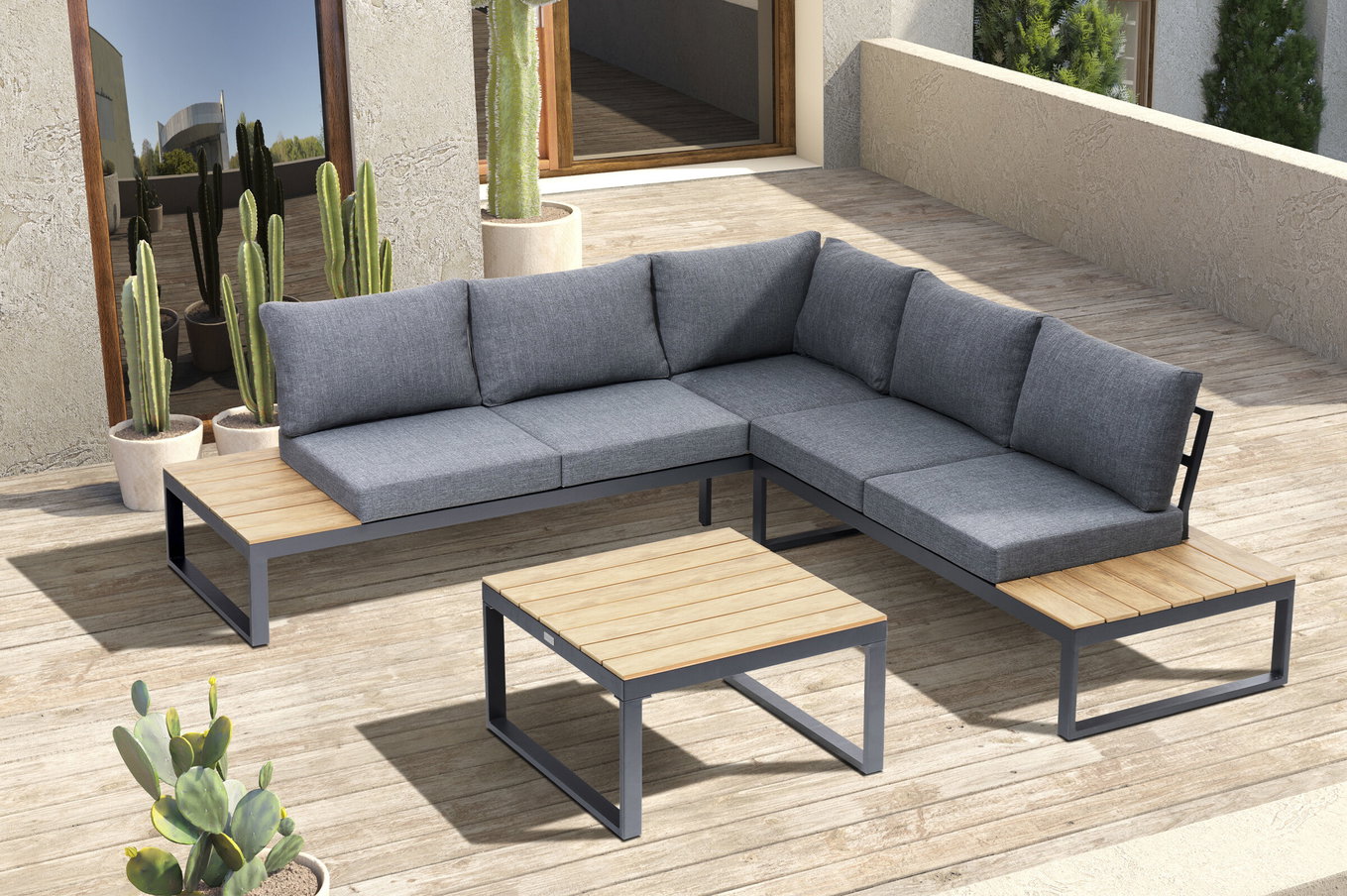 OUTFLEXX Lounge ad angolo, antracite opaco, Alu/effetto legno, 5 persone, ripiano laterale 24110__1
