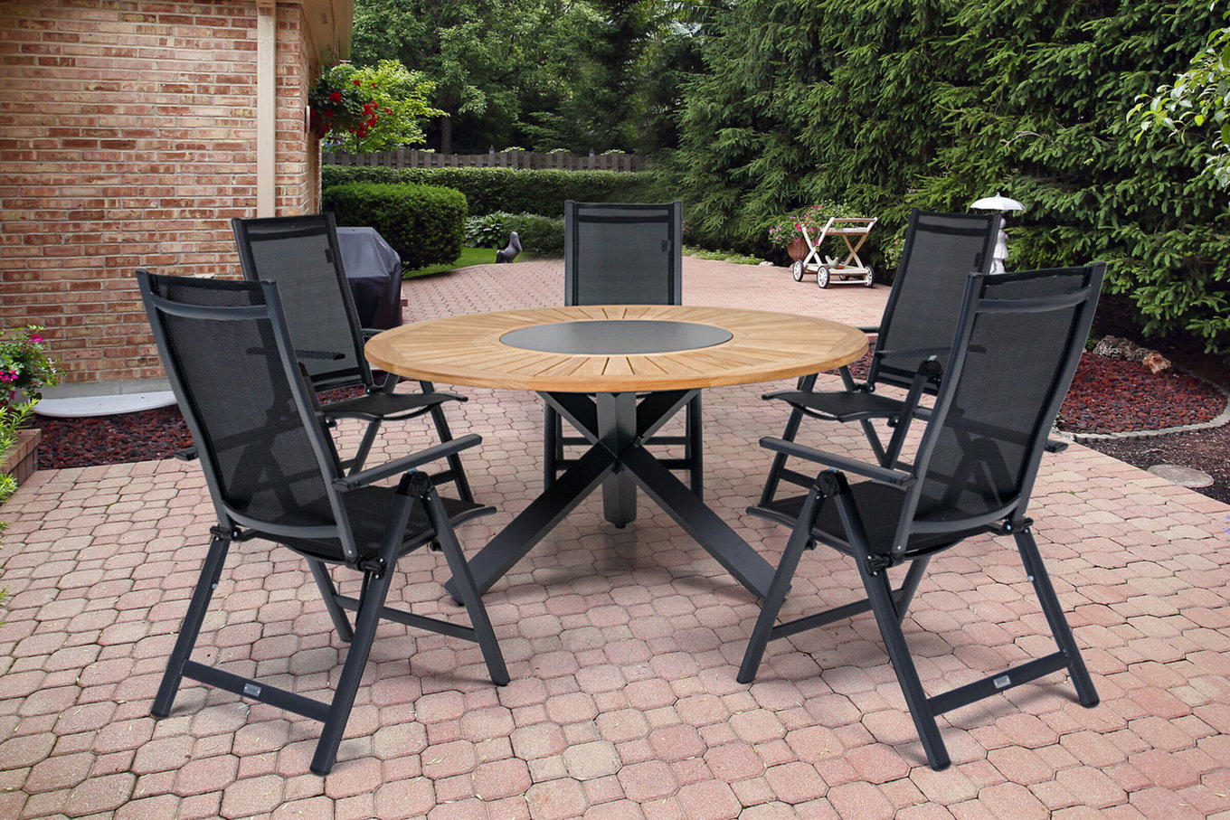 OUTFLEXX Gruppo pranzo da giardino, OUTFLEXX® antracite opaco, Alluminio / Teak / Textilene, Tavolo da pranzo Ø 150 cm, 5 Sedie pieghevoli 22202__1