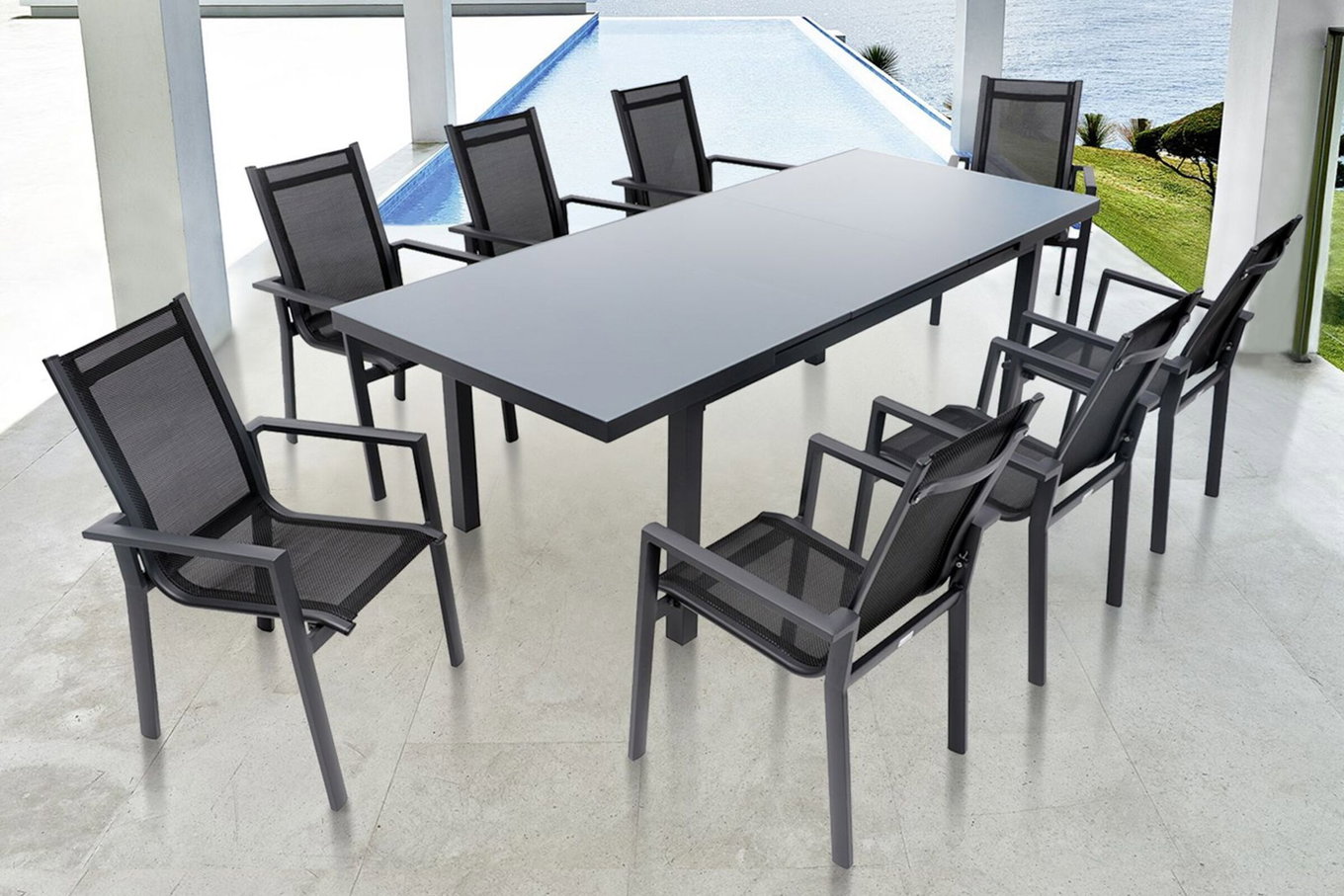 OUTFLEXX Set da pranzo Premium per giardino, OUTFLEXX® antracite opaco, Alu/Textilene, tavolo 180/240x100cm, 8 Poltrone impilabili 19298__1