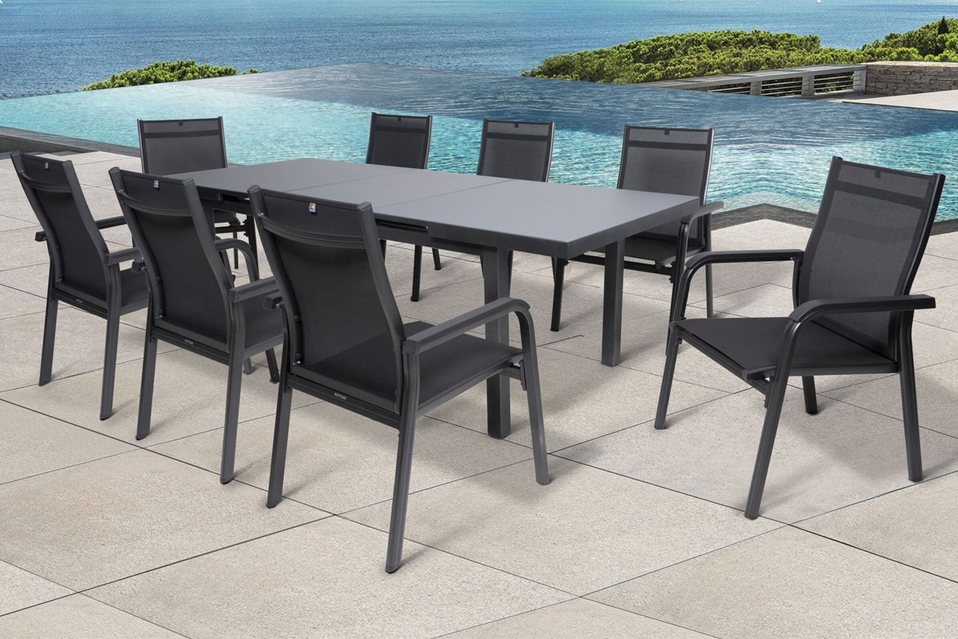 KETTLER BasicPlus Gruppo da pranzo da giardino, antracite, Alu/Textilene, tavolo 180/240x100cm, 8 Poltrone impilabili 19316__1
