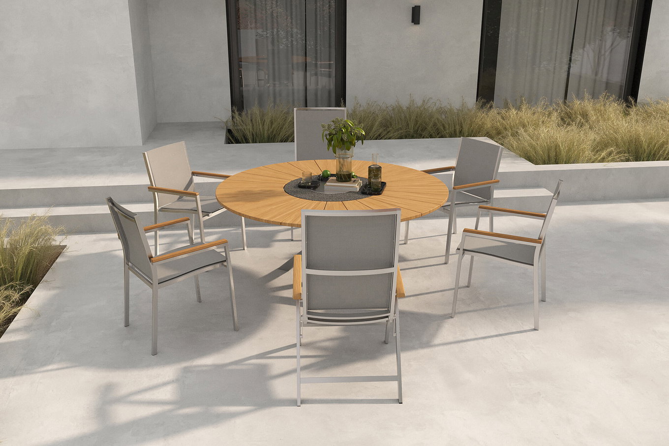 STERN Cardiff Gruppo tavolo da pranzo da giardino, argento/grigio argento, acciaio inox/teak, tavolo Ø 170 cm, 4 poltrone impilabili, 2 sedie pieghevoli, prodotto certificato FSC® 19753__1
