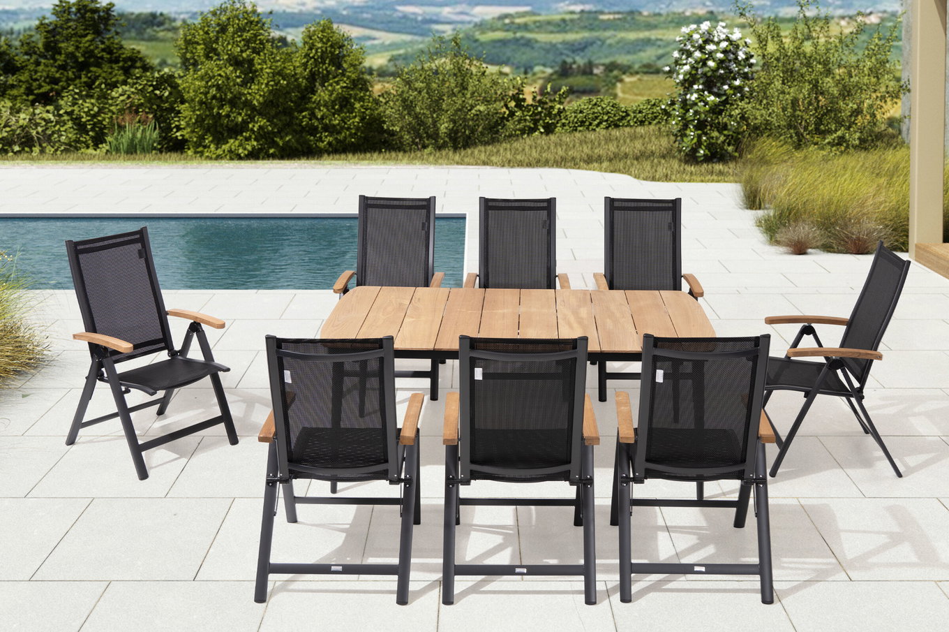 OUTFLEXX Gruppo tavolo da pranzo da giardino, antracite opaco, Alu/Spraystone/Textilene, 184x100 cm, 8 sedie pieghevoli, braccioli in teak 28202__1
