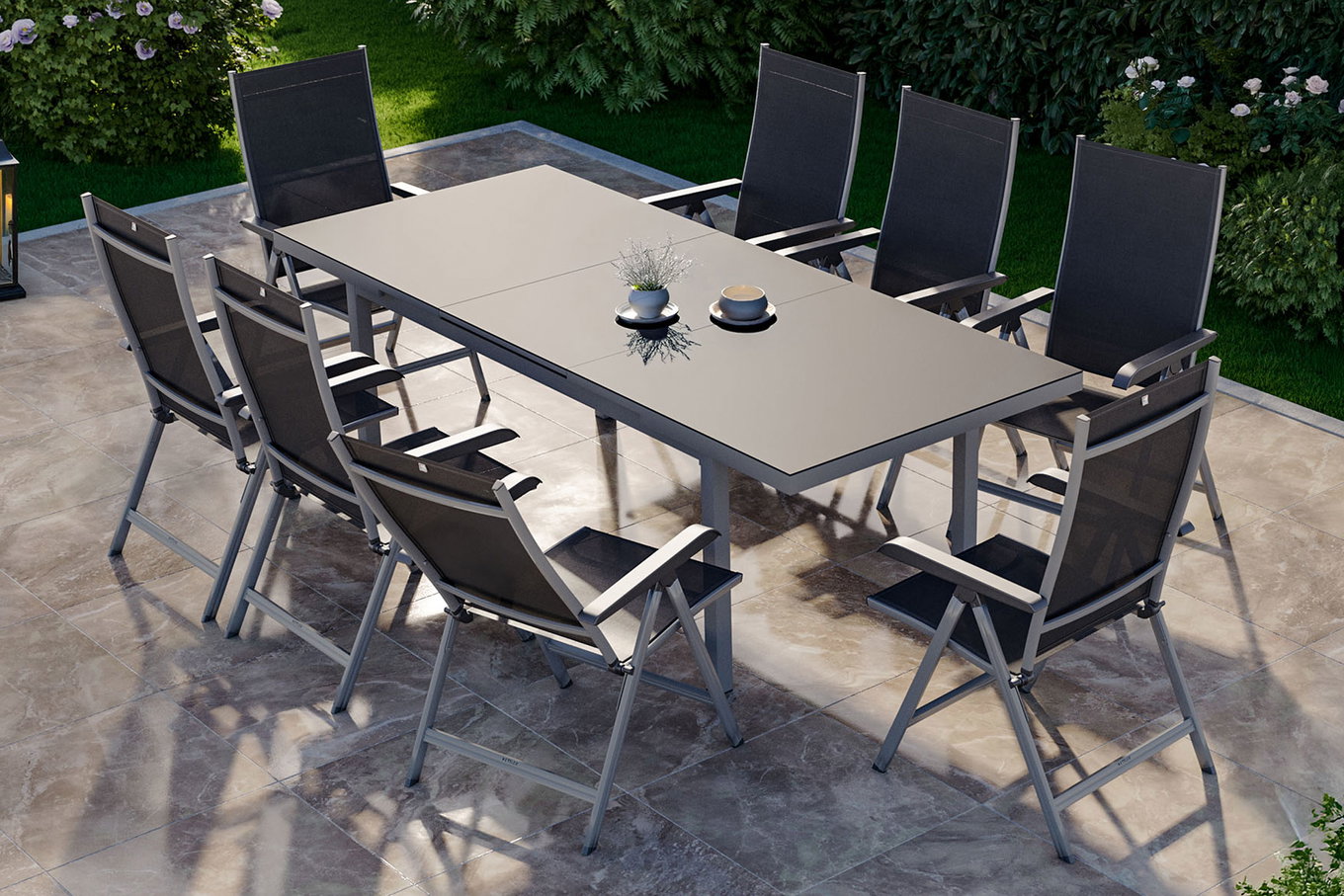 KETTLER BasicPlus Gruppo da pranzo da giardino, argento, Alluminio/Textilene, tavolo 180/240 x 100 cm, 8 sedie pieghevoli 19308__1