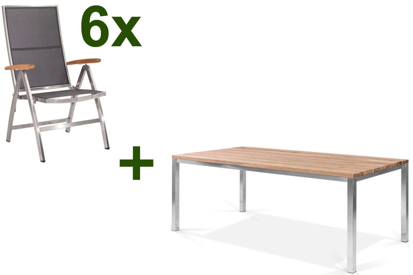 STERN Cardiff Gruppo tavolo da pranzo da giardino, argento/grigio argento, Acciaio inox/Teak, tavolo 200 x 100 cm, 6 Sedie pieghevoli 19775__1