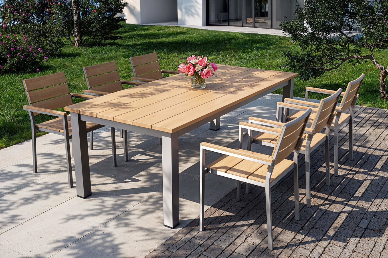 Set da pranzo da giardino OUTFLEXX Falun con 6 poltrone, marrone/argento, legno di teak/acciaio inox, 220/340 x 100 cm, allungabile, impilabile, prodotto certificato FSC® 81032__1