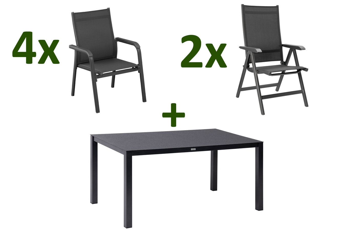 KETTLER BasicPlus Set da pranzo da giardino, antracite, Alluminio/Spraystone/Tessuto, 160 x 95 cm, 4 poltrone impilabili, 2 sedie pieghevoli 28325__1