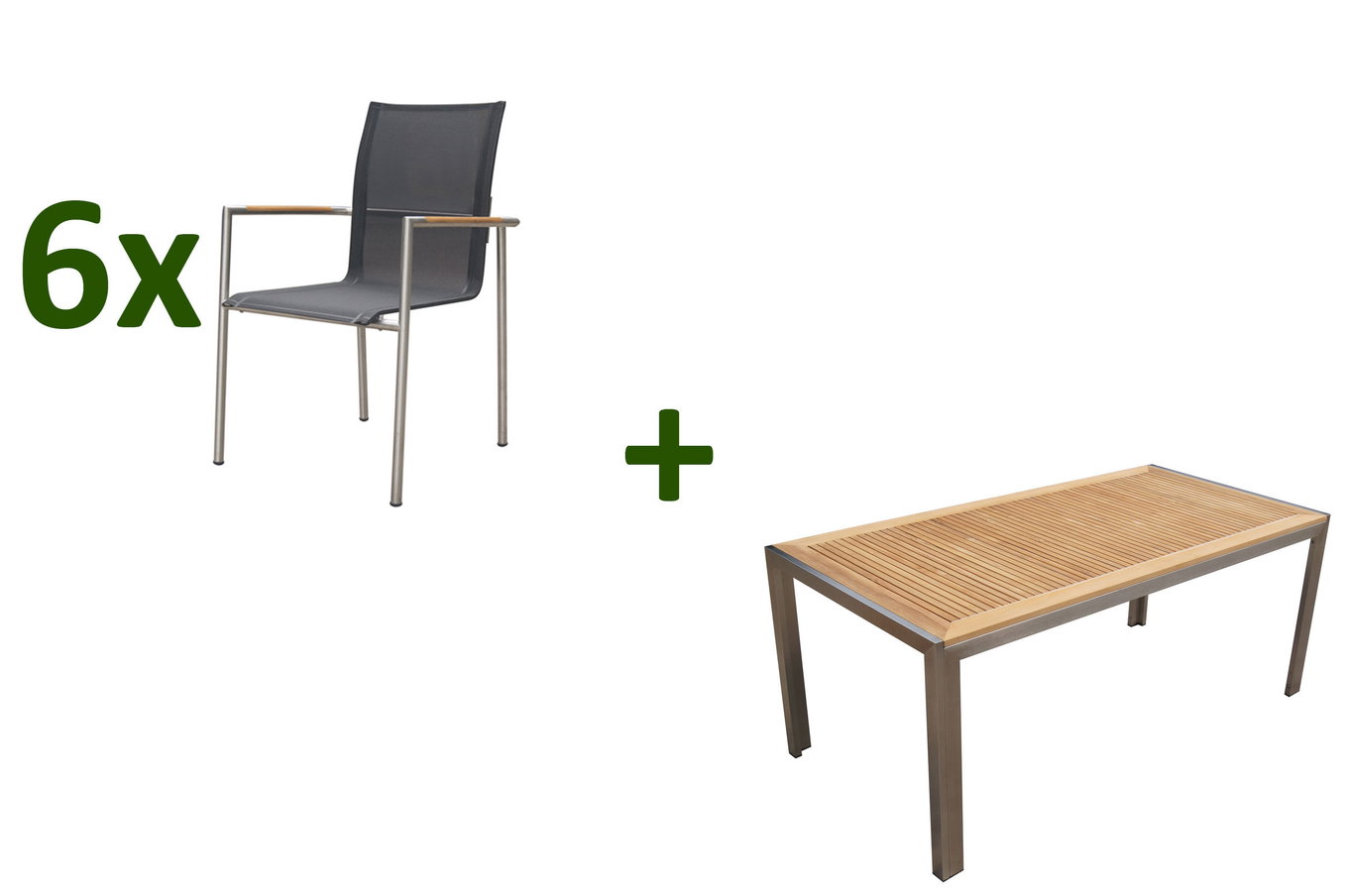 OUTFLEXX Gruppo pranzo da giardino, naturale/antracite, Acciaio inox/Textilene/Teak, tavolo 180x90cm, 6 poltrone da pranzo 24075__1