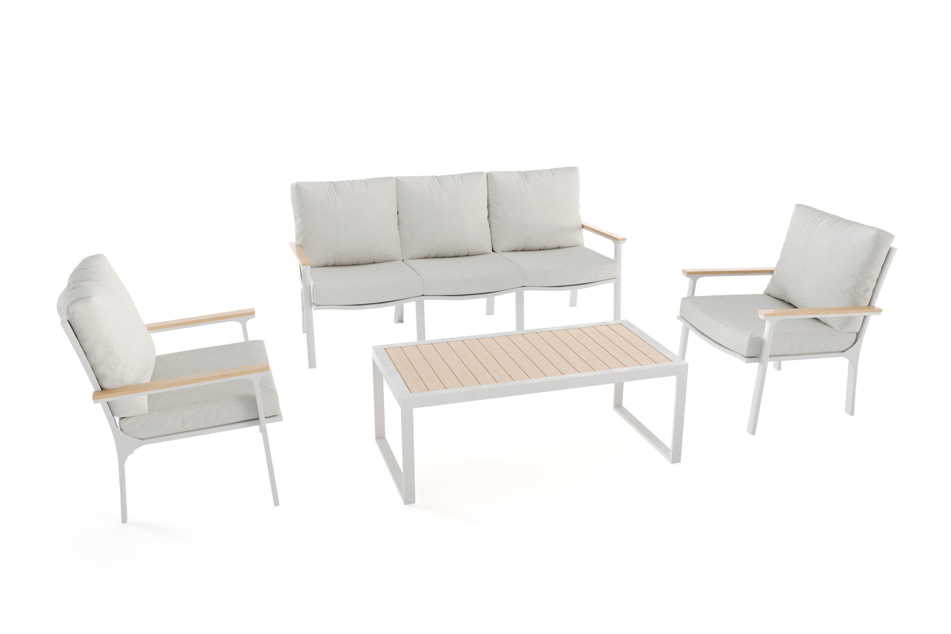 OUTFLEXX Gruppo lounge 4 pezzi per 5 persone, Bianco Opaco/Grigio, Alluminio/Legno di teak/Poliestere, tavolo 120 x 58 cm, Cuscini Inclusi