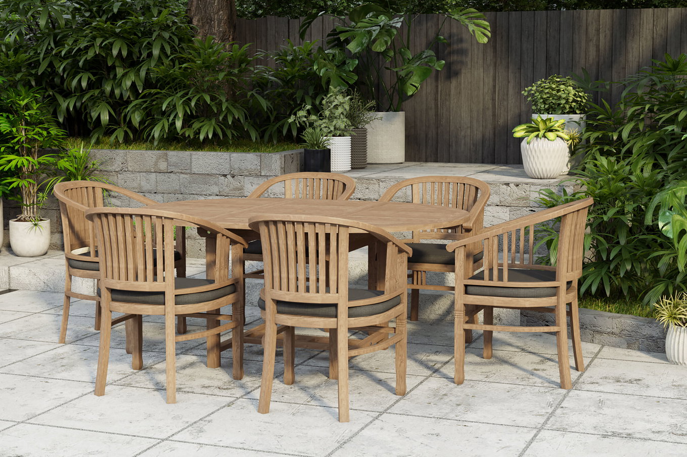 OUTFLEXX Dallas/Batavia Gruppo pranzo da giardino, naturale, Teak, 120/170x120 cm, 6x Poltrona con braccioli, incl. cuscino 24351__1