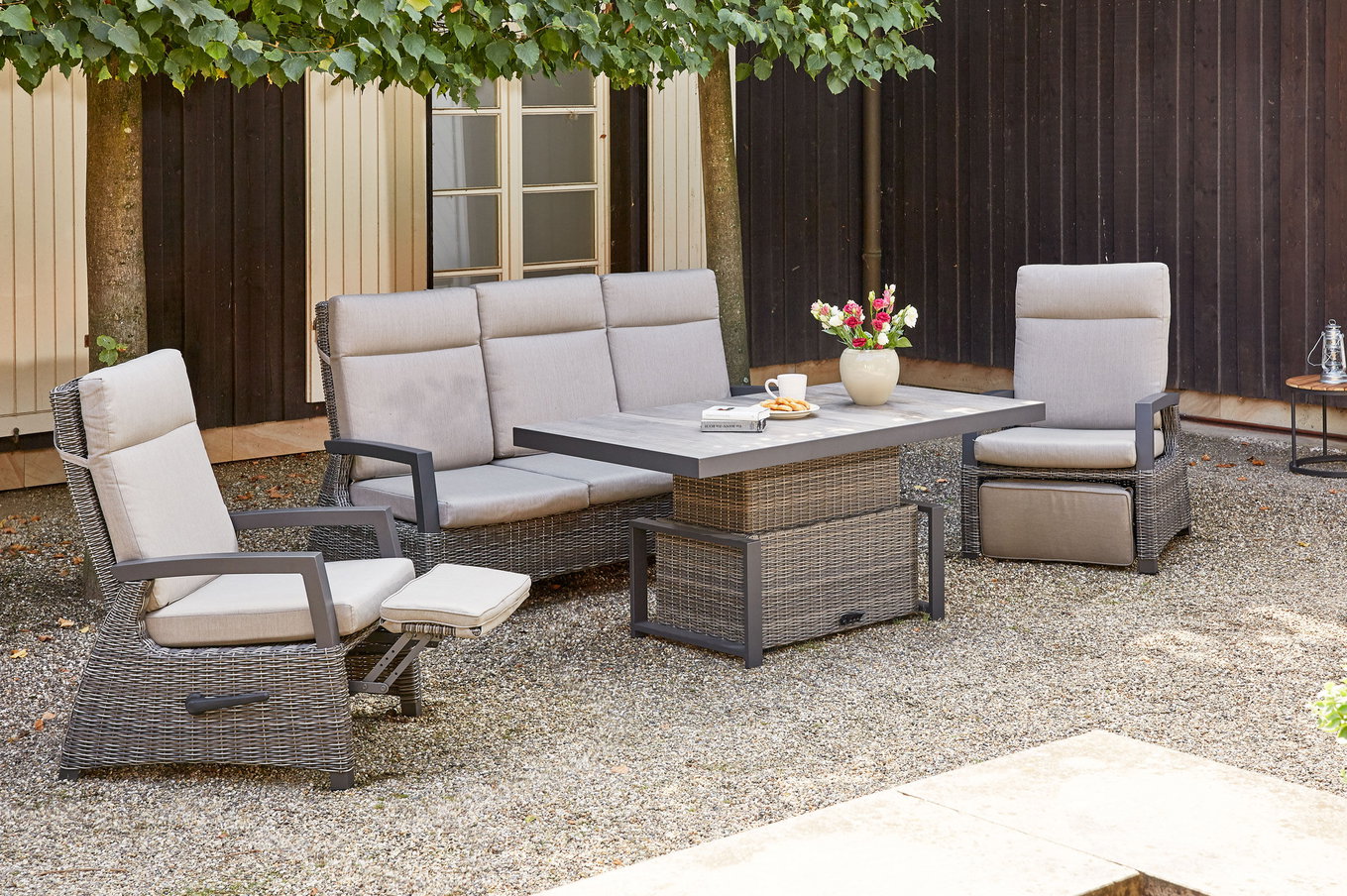 SIENA GARDEN Corido salotto da giardino, charcoal, Alu/intreccio Gardino®, 2 poltrone relax + divano a 3 posti, tavolo lift regolabile 160x90x47-71cm 21502__1
