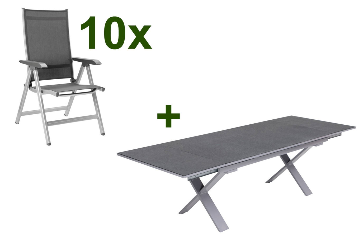 KETTLER BasicPlus gruppo da pranzo da giardino, argento / antracite, alluminio / Spraystone / tessuto, tavolo 180/280x100cm, 10 sedie pieghevoli 23009__1
