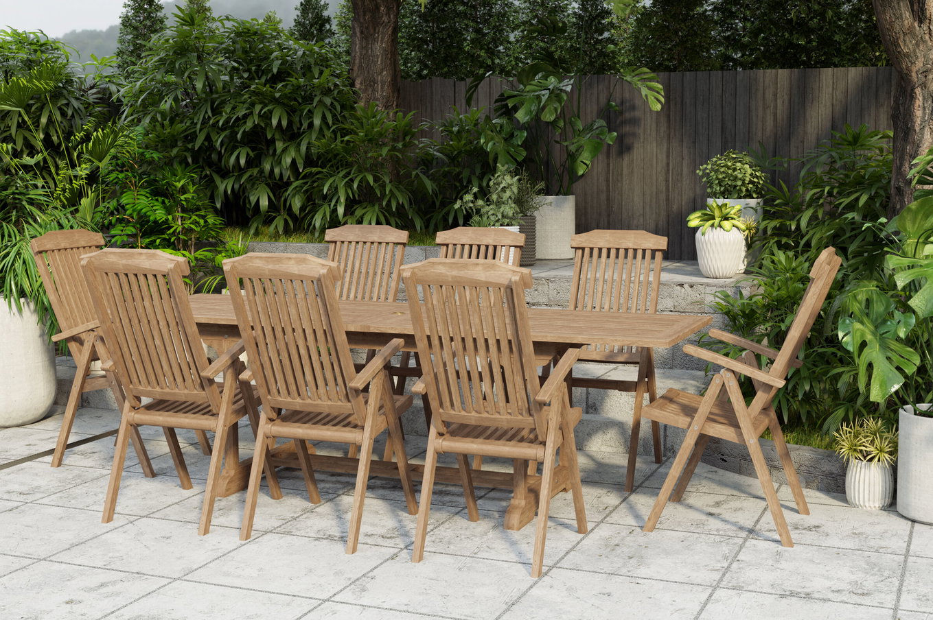 OUTFLEXX Ontario/Bounty Gruppo da pranzo da giardino, naturale, Teak, 195/295 x 90 cm, 8x Sedia pieghevole 24369__1