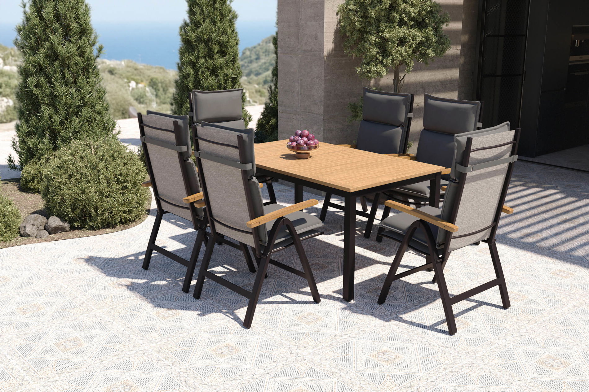 VILLANA Lagos Set da pranzo da giardino, nero/grigio scuro, alluminio/eucalipto/textilene, 150/200 x 90 cm, allungabile, pieghevole, prodotto certificato FSC®
