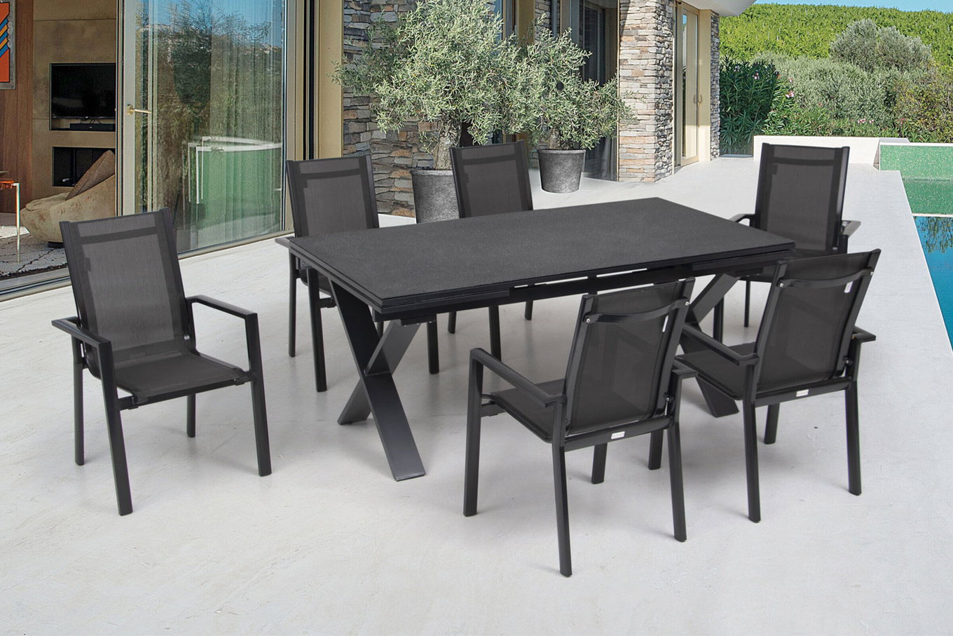 OUTFLEXX Gruppo pranzo da giardino, antracite, Alu / Ceramica / Tessuto, 180/280x100cm, 6 sedie impilabili 22232__1