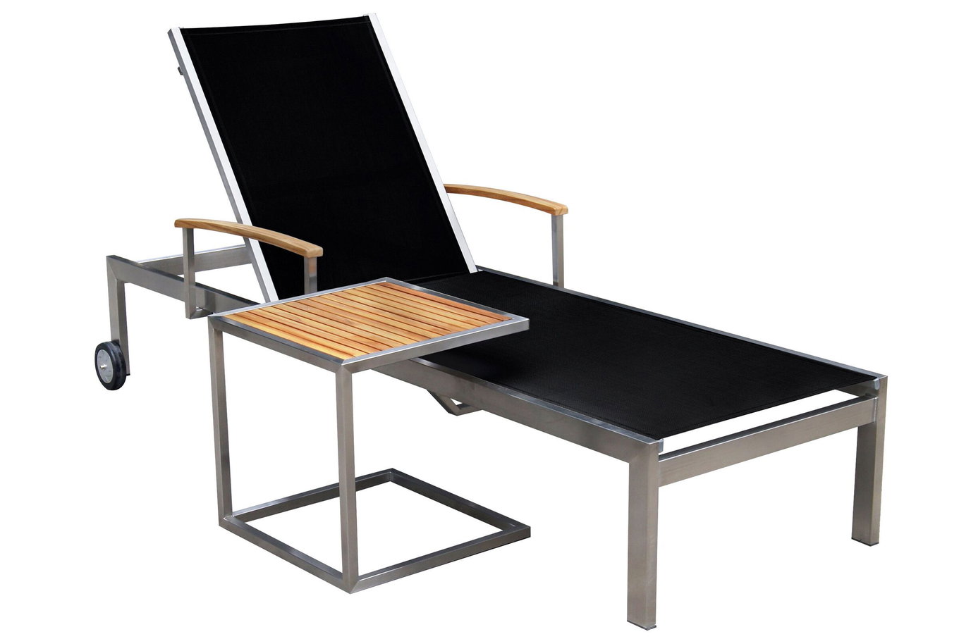 OUTFLEXX Set lettini prendisole, nero, acciaio inox/teak, 195,5x74x35cm, con braccioli, incl. tavolino d'appoggio 45x45cm, prodotto certificato FSC® 16545__1